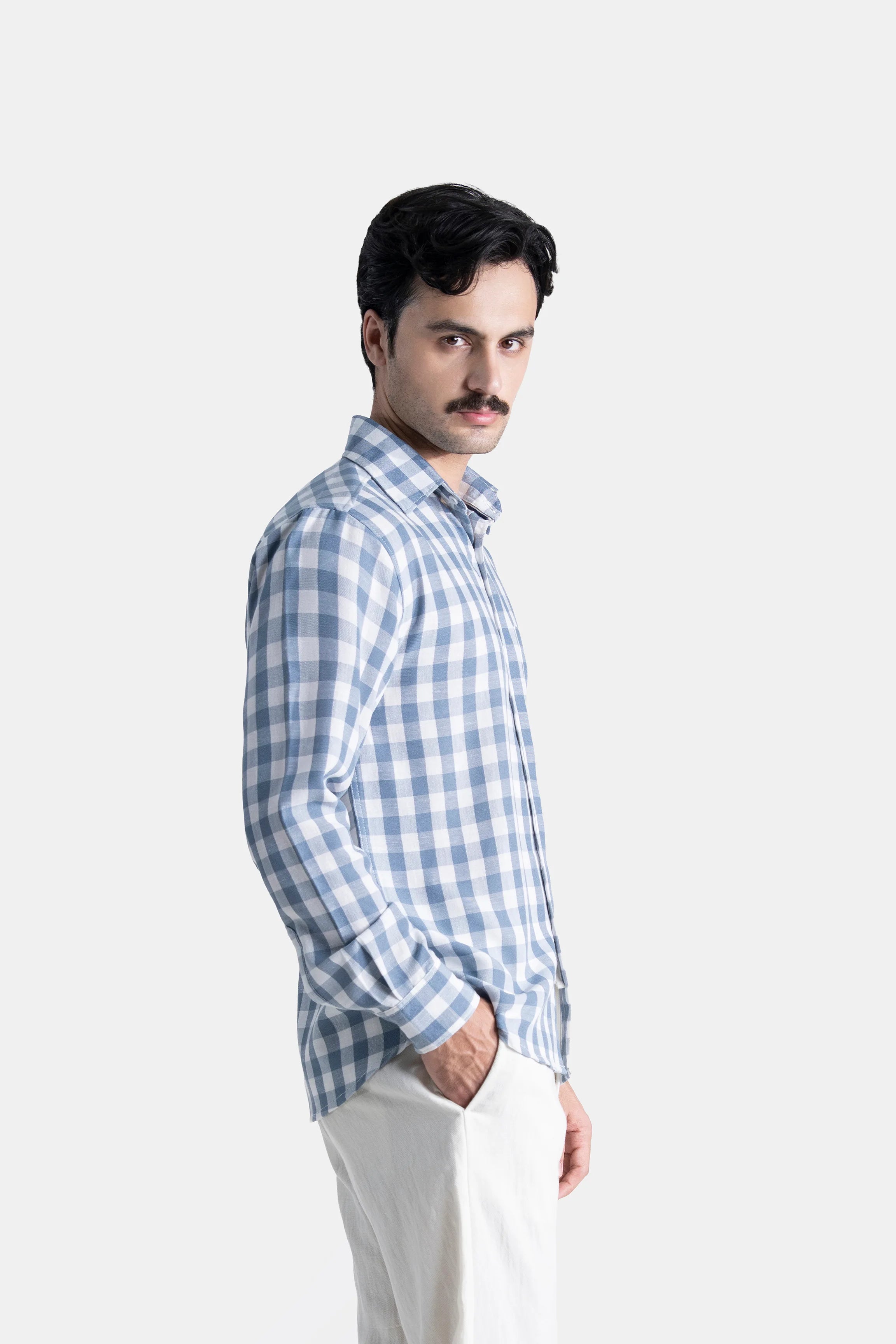 HIDDEN BUTTON DOWN CHECKERED CASUAL SHIRT BLUE CHECK