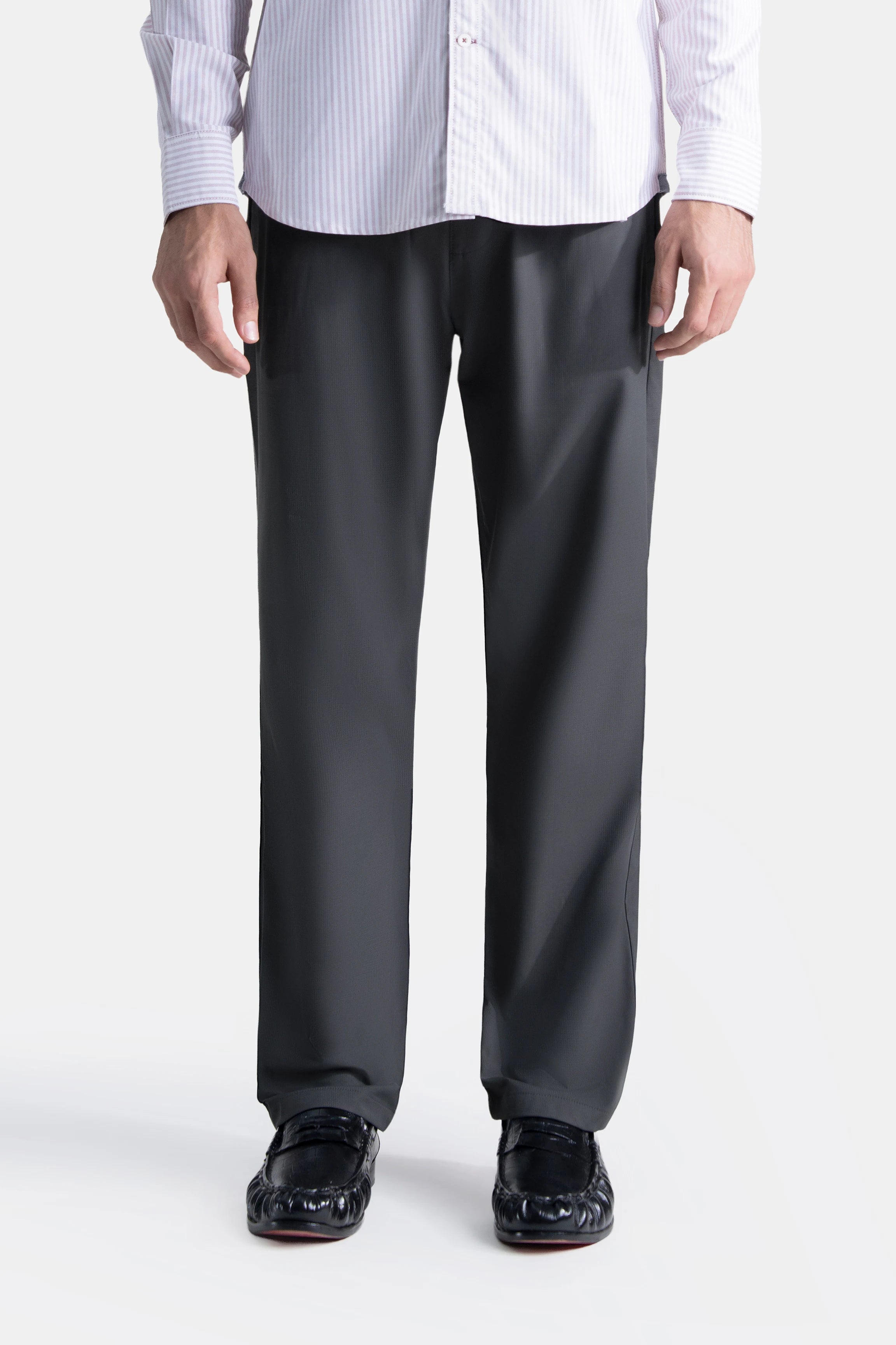 Straight-fit casual trousers in dark grey with front crease and side pockets