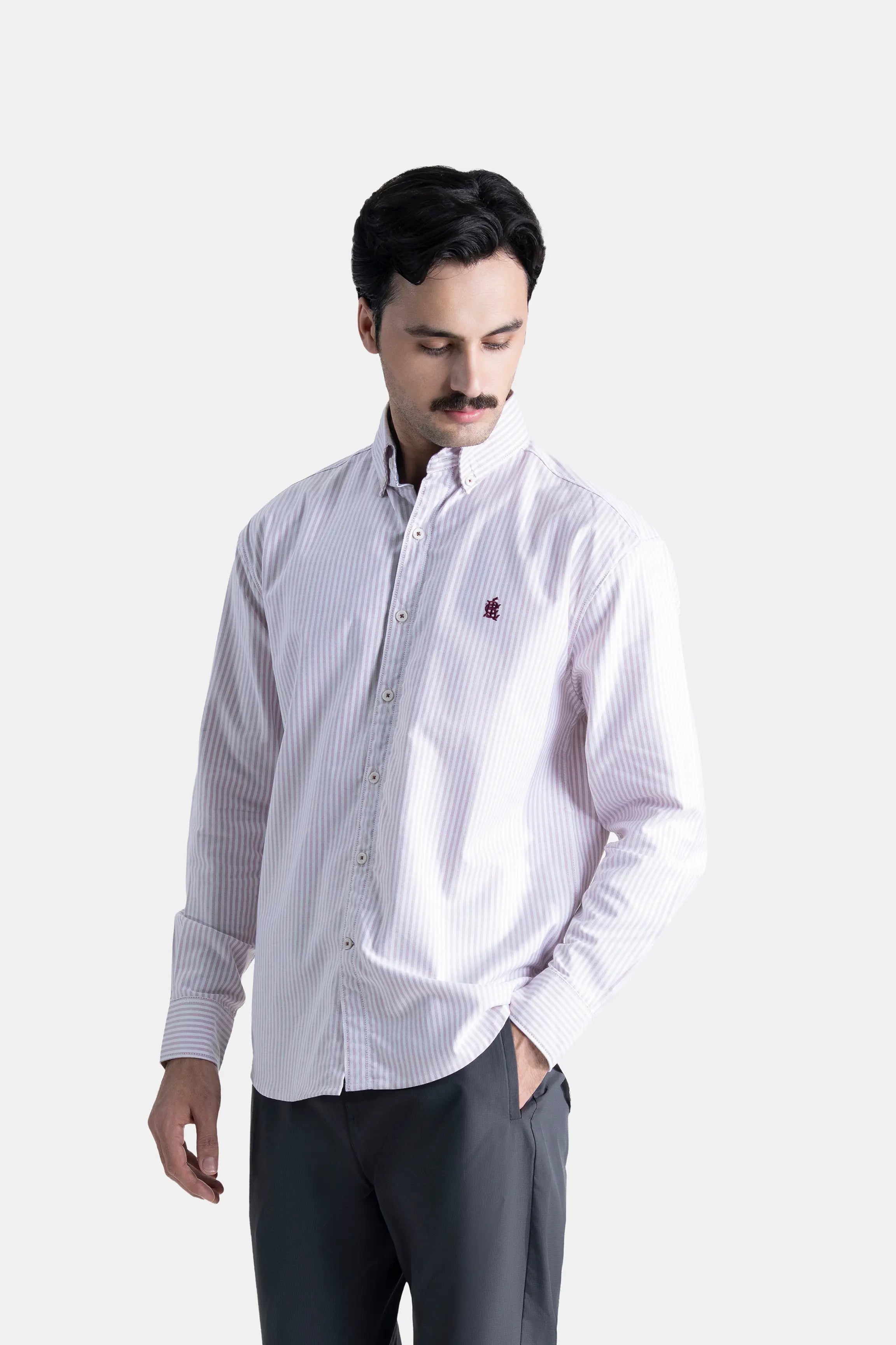 Pink striped button-down casual shirt, long sleeves, button front, chest logo