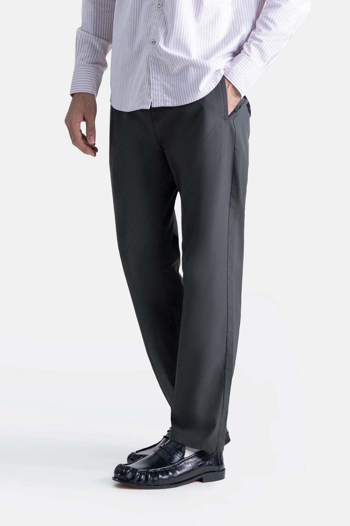 Straight-fit casual trousers in dark grey with side pockets and belt loops