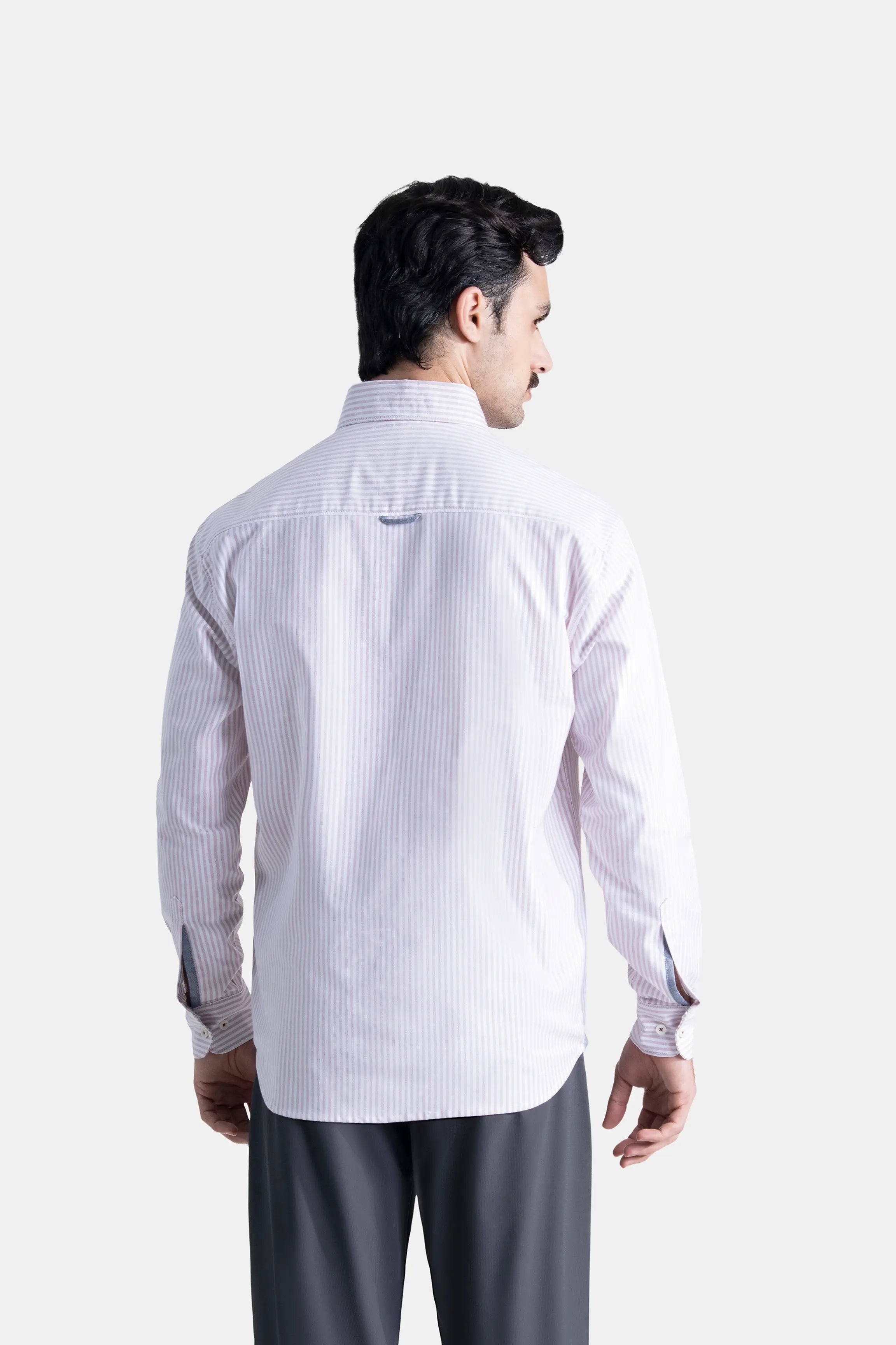 Pink striped button-down casual shirt, back view, long sleeves