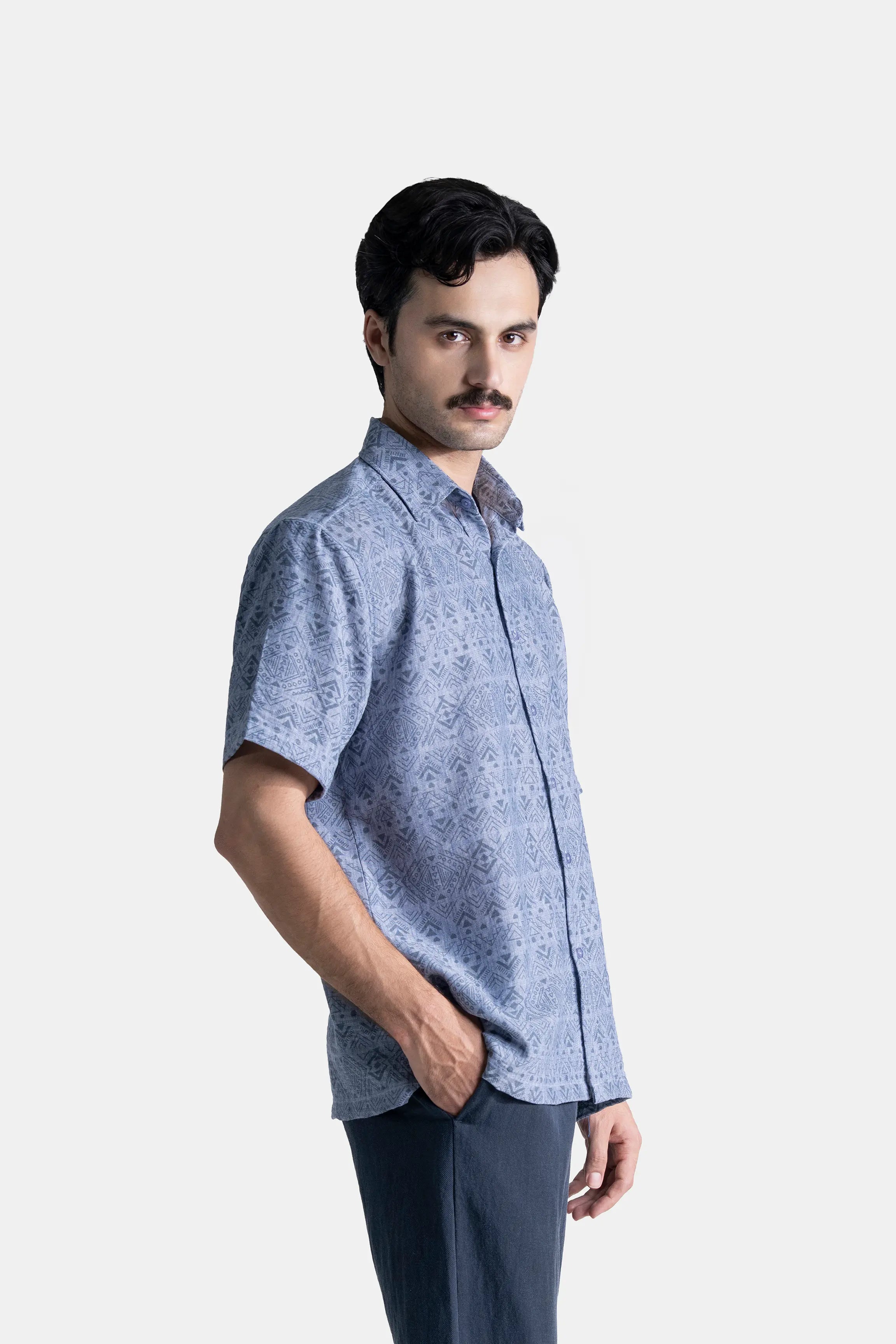 RELAX FIT PRINTED CASUAL SHIRT BLUE