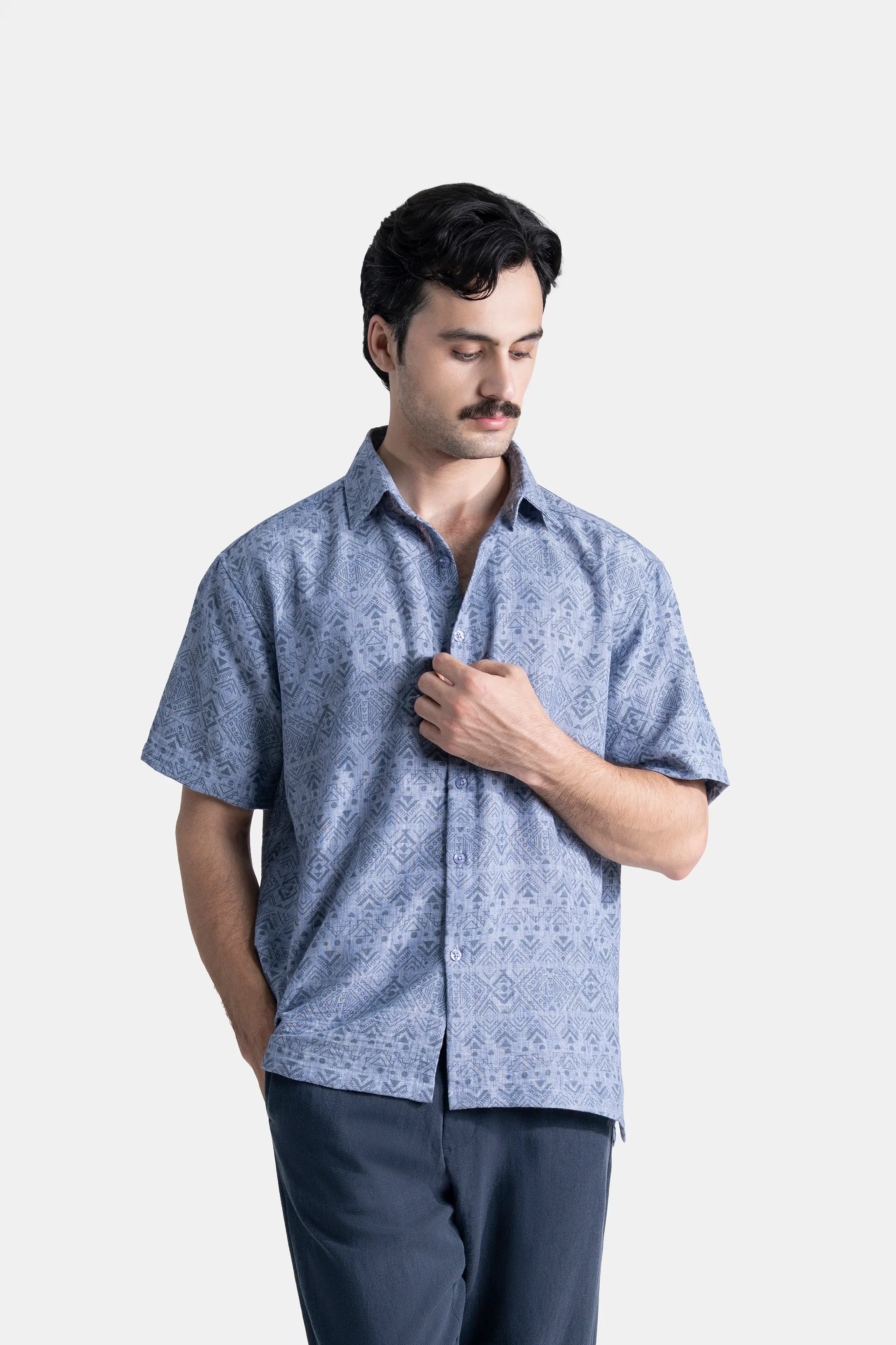 RELAX FIT PRINTED CASUAL SHIRT BLUE
