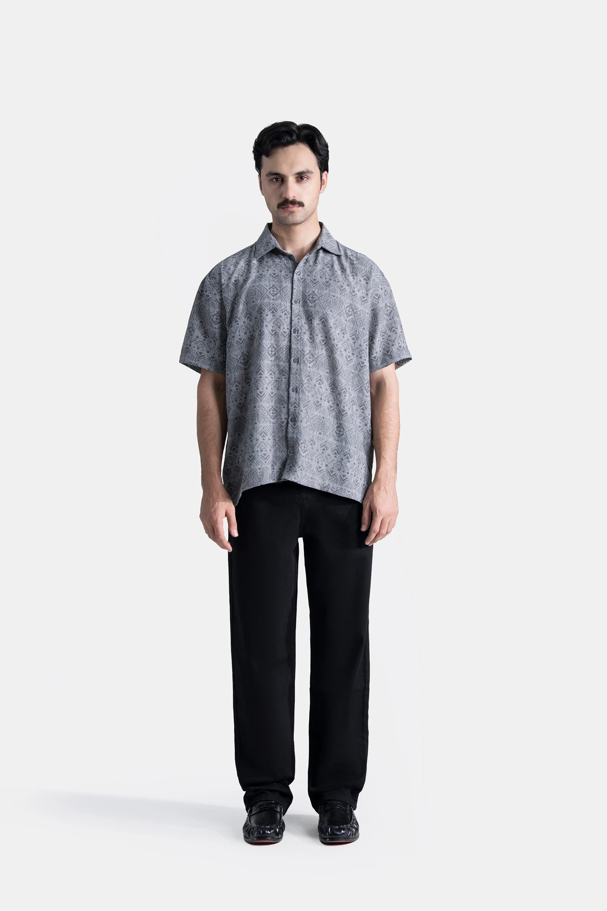 RELAX FIT PRINTED CASUAL SHIRT GREY