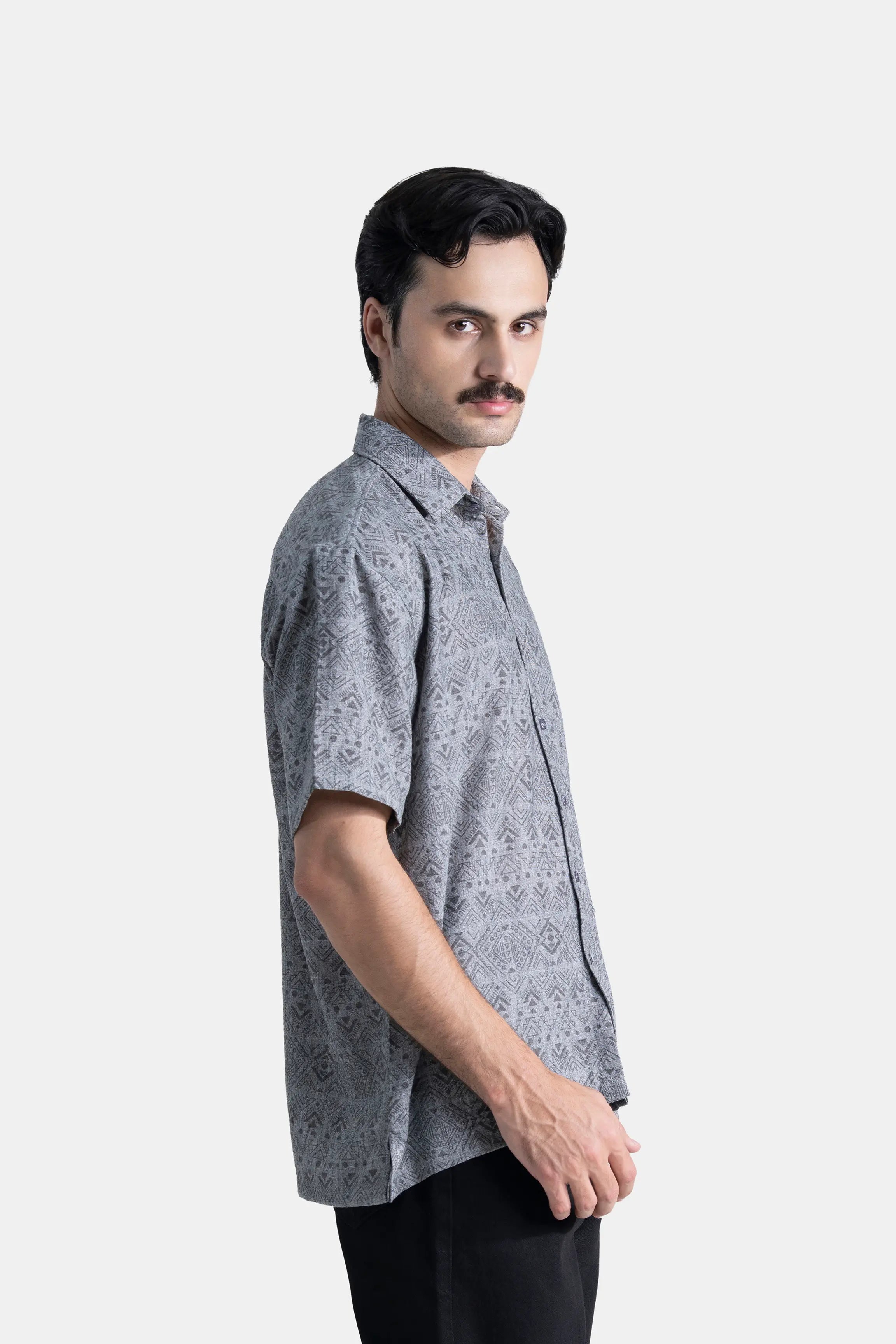 RELAX FIT PRINTED CASUAL SHIRT GREY
