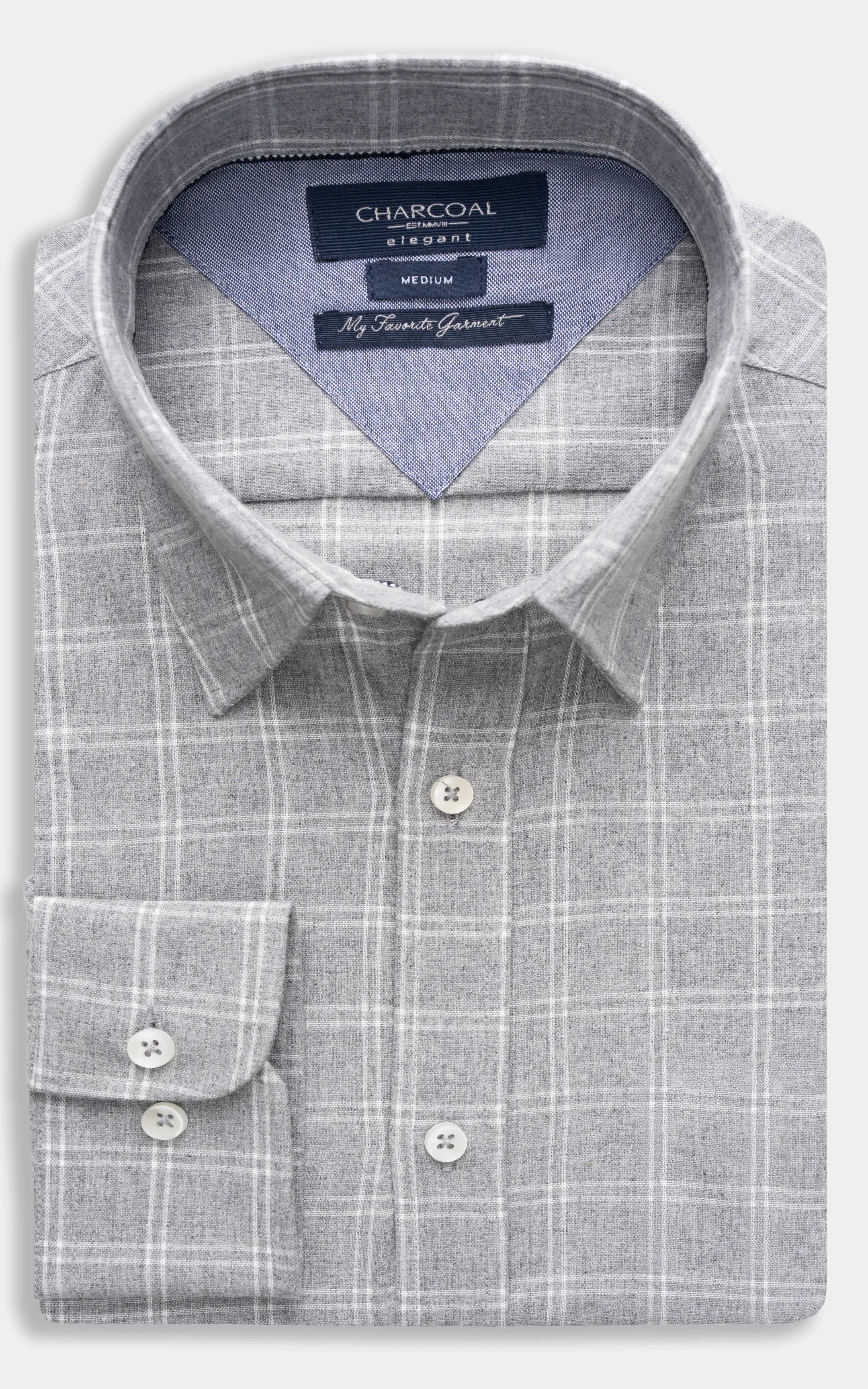 Light grey checkered dress shirt with button front and pointed collar