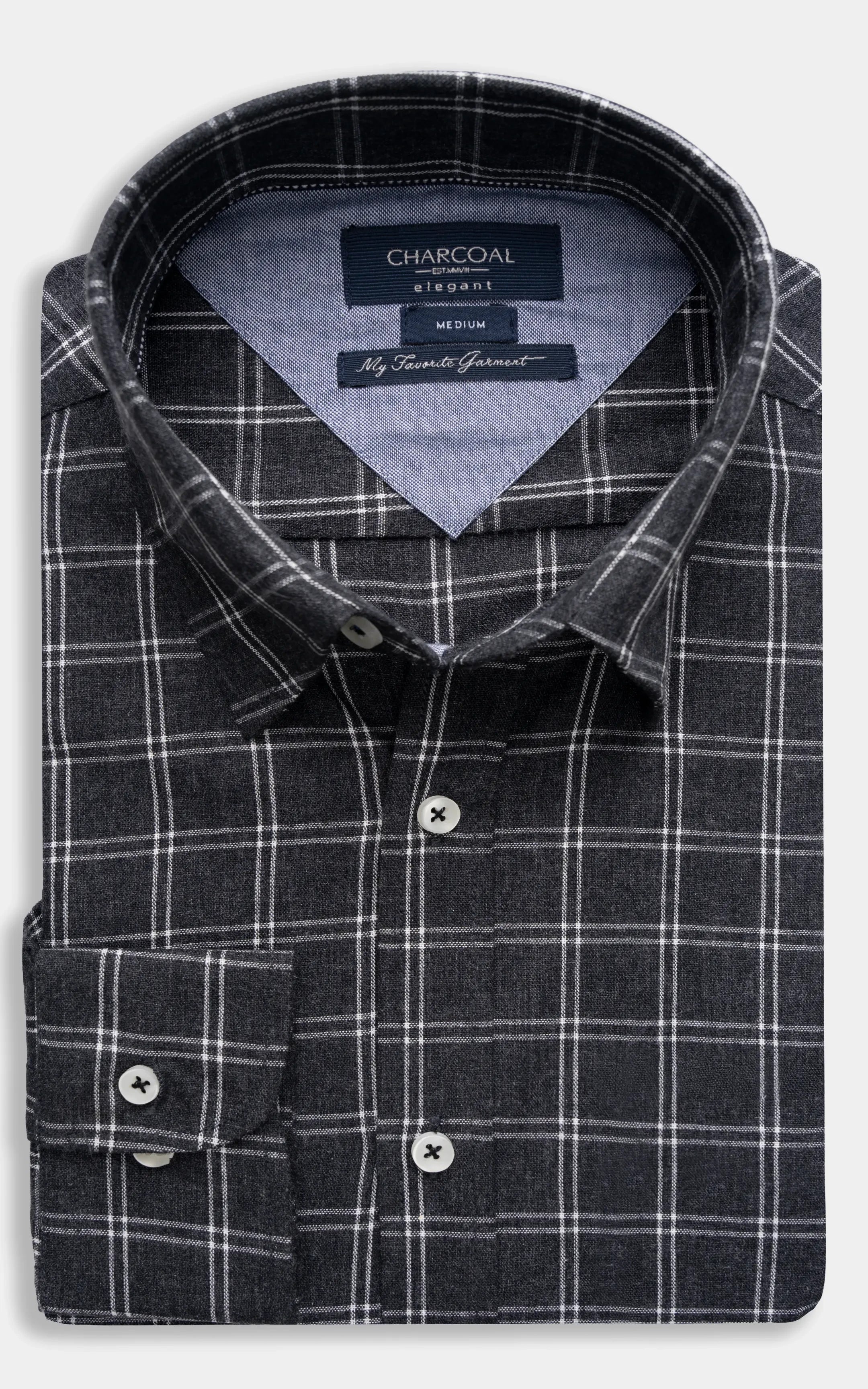 Charcoal gray checked button-up shirt with button cuffs and collar