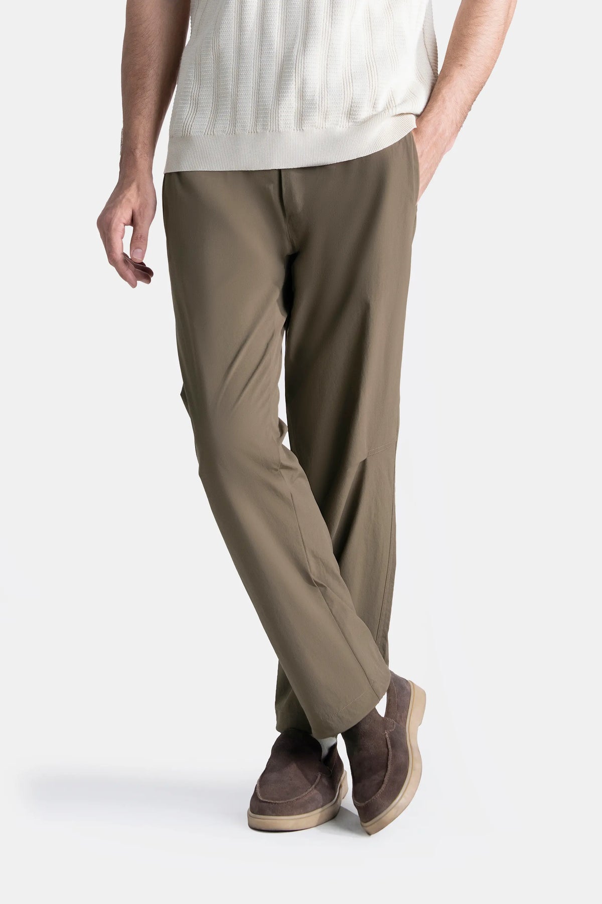 Olive loose-fit casual trousers with drawstring waist and tapered straight legs