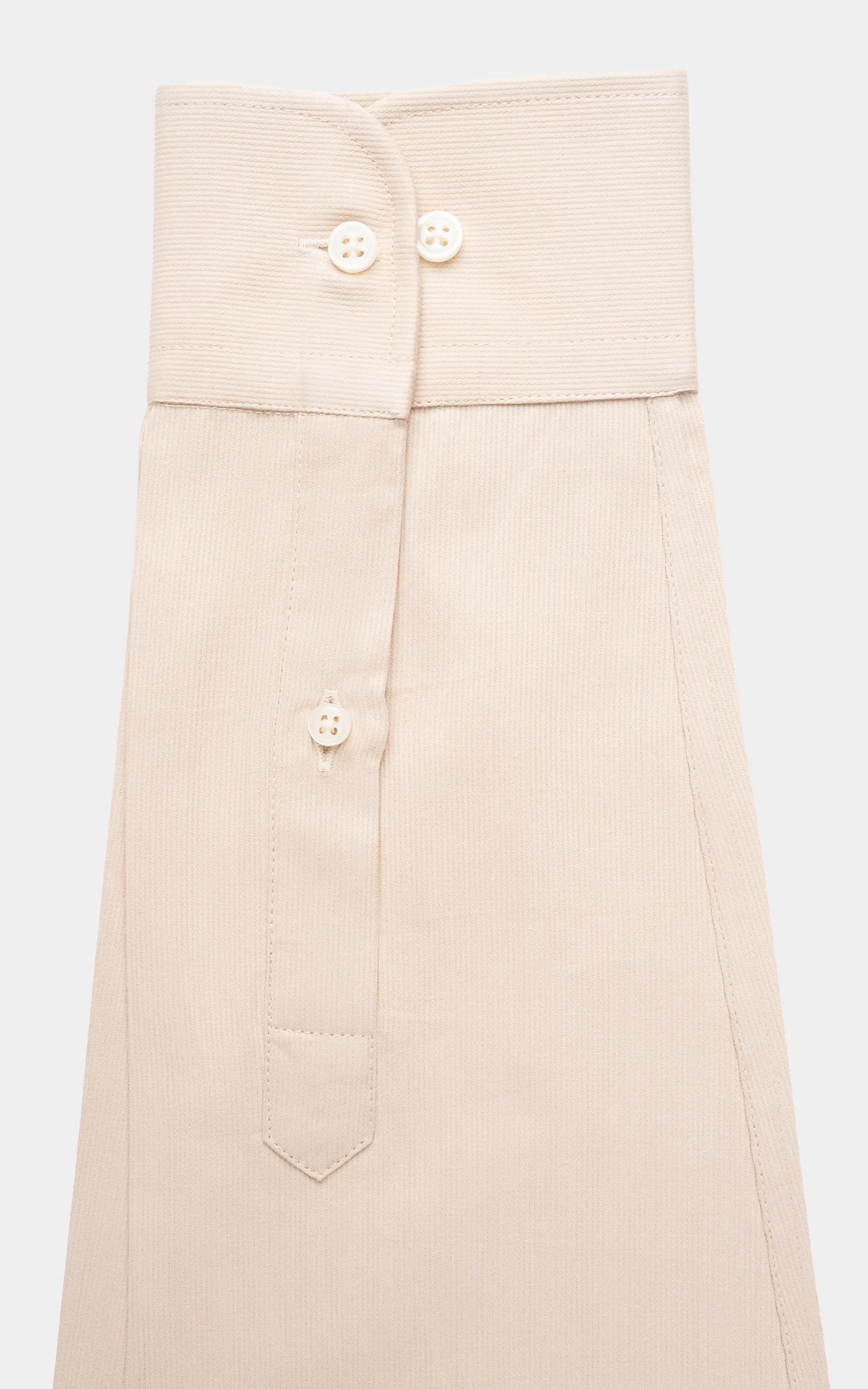 Khaki button-down shirt front with two top buttons and placket