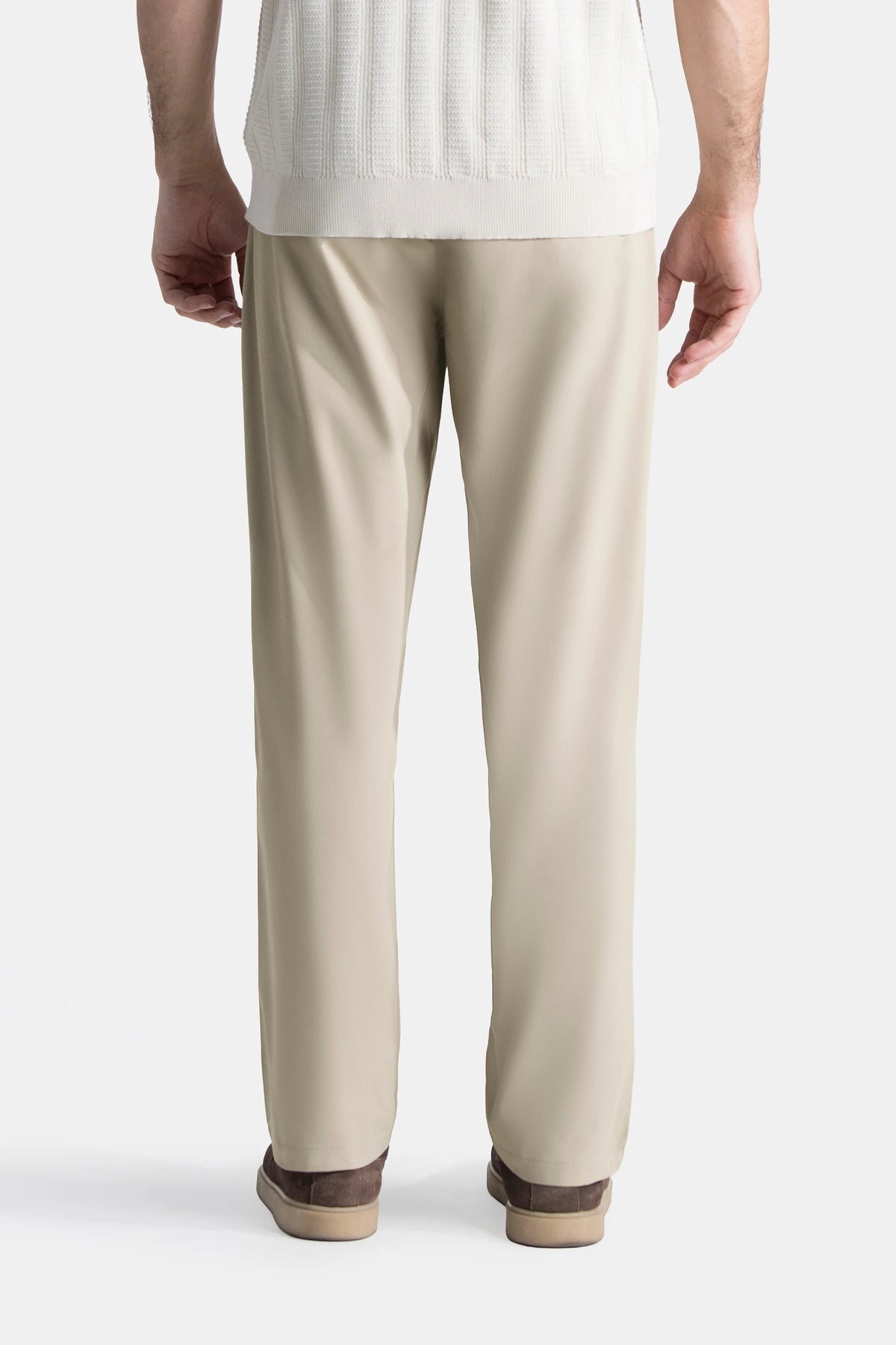 Beige straight-fit casual trousers front view with relaxed straight leg opening