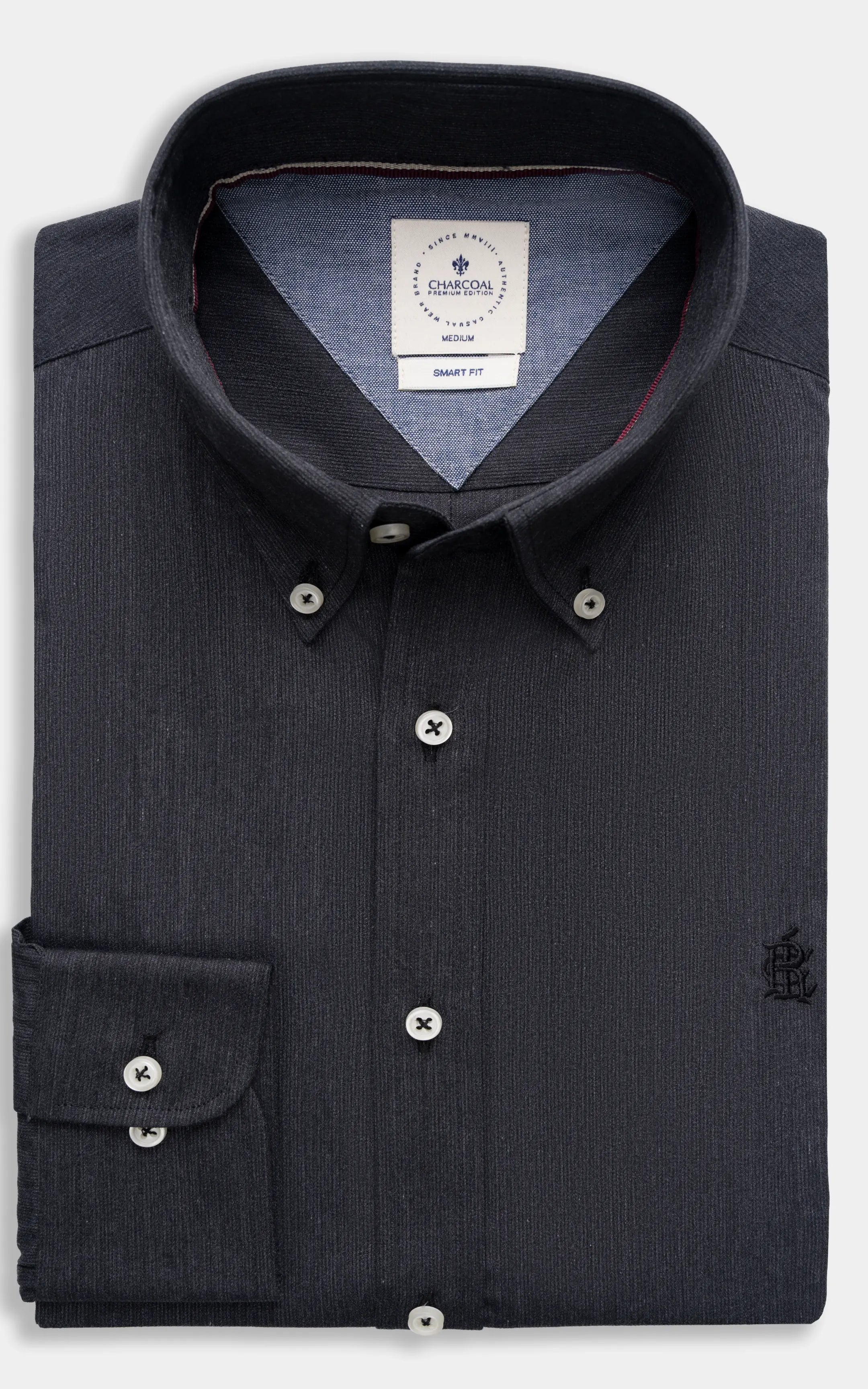 Charcoal grey button-down smart shirt with collar, front buttons and chest pocket
