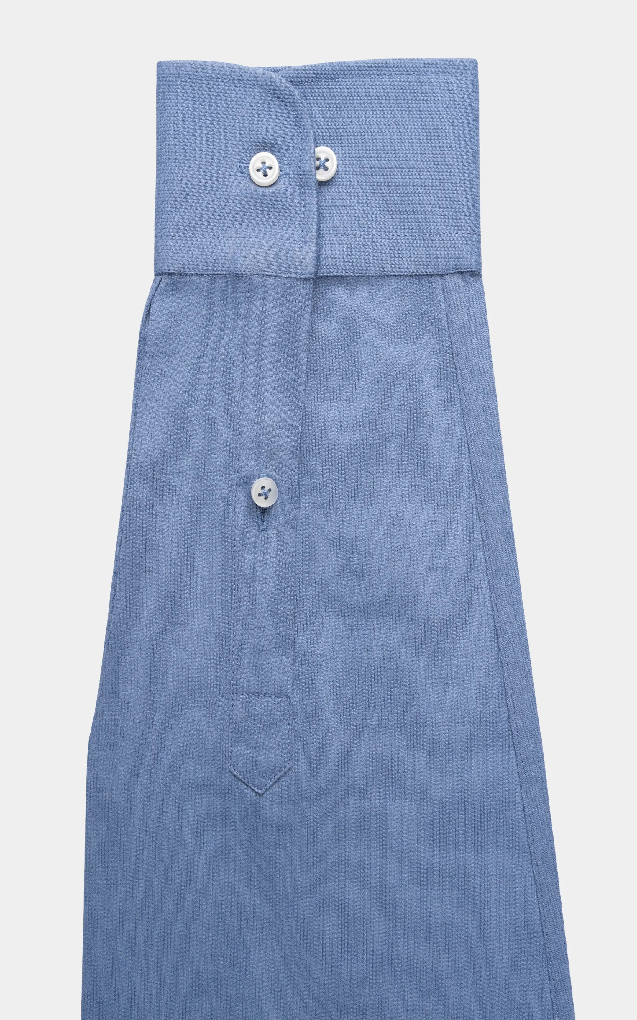 Sky blue button-down smart shirt front with collar and stitched yoke