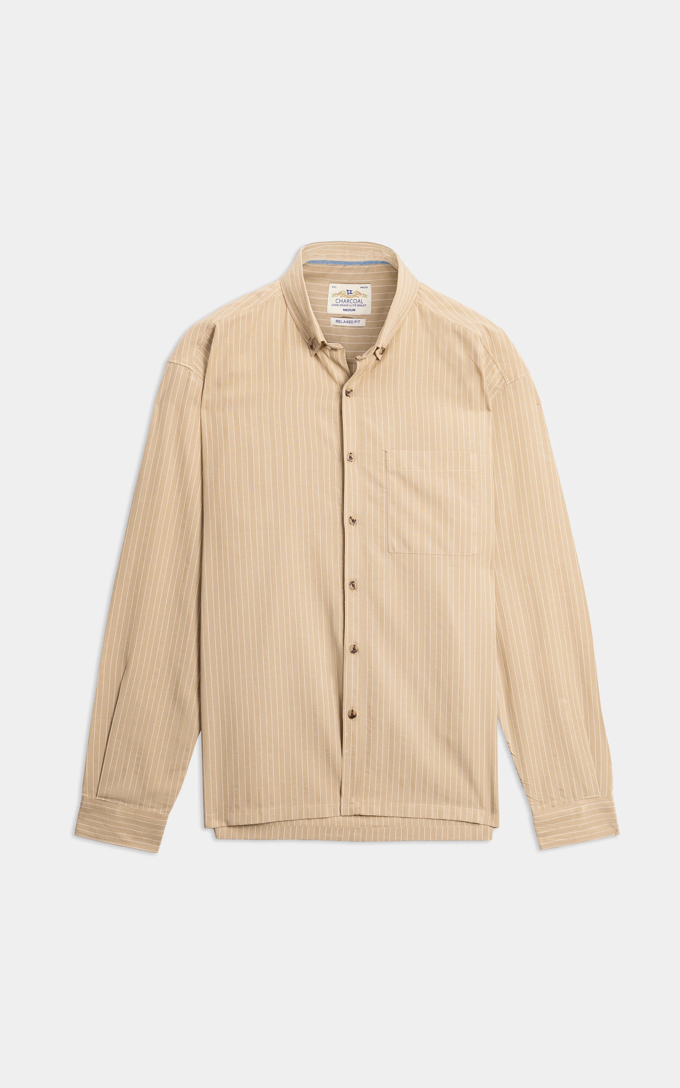 BUTTON DOWN COLLAR STRIPED CASUAL SHIRT KHAKI