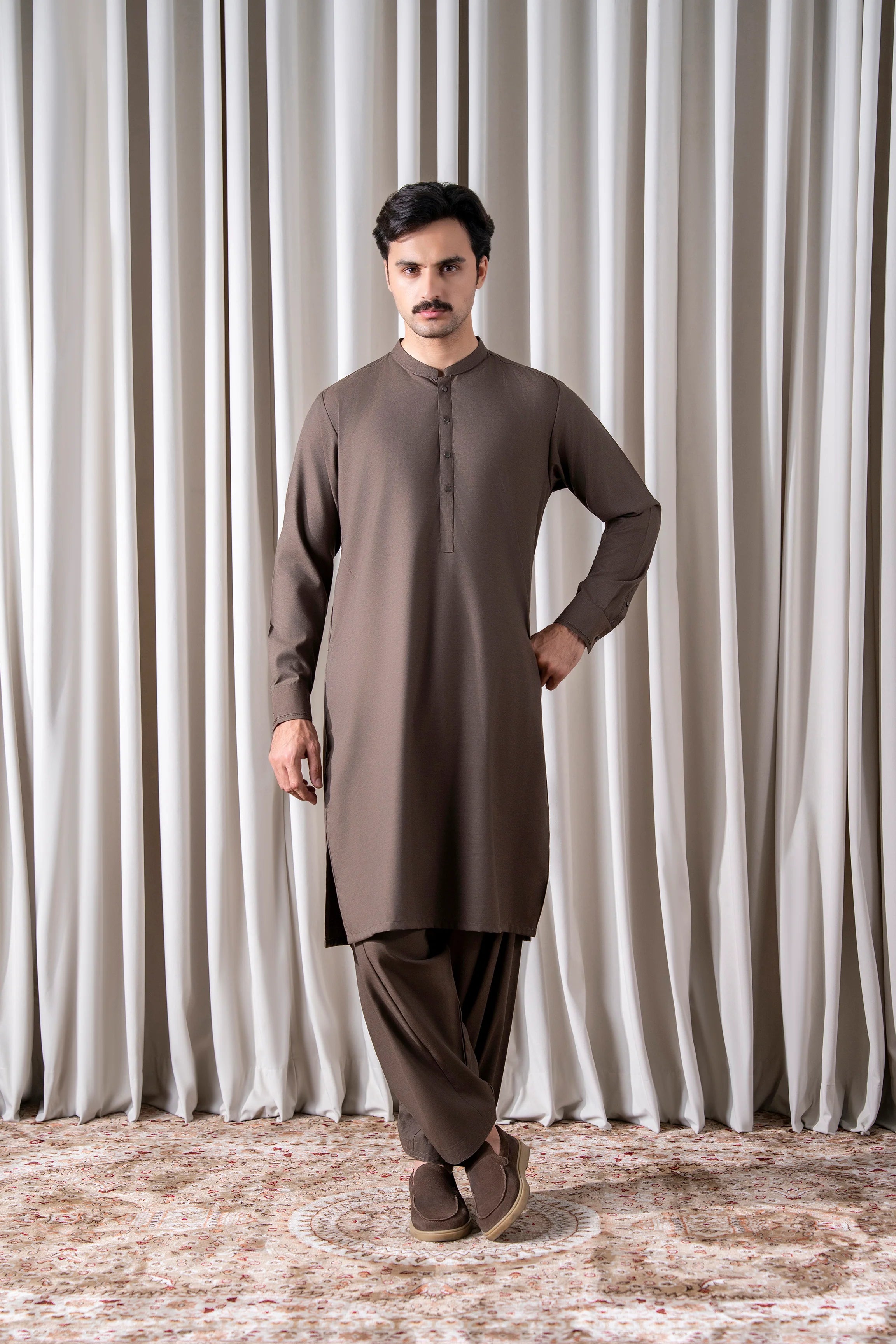 Dark brown textured kameez shalwar set with long sleeves and buttoned neckline