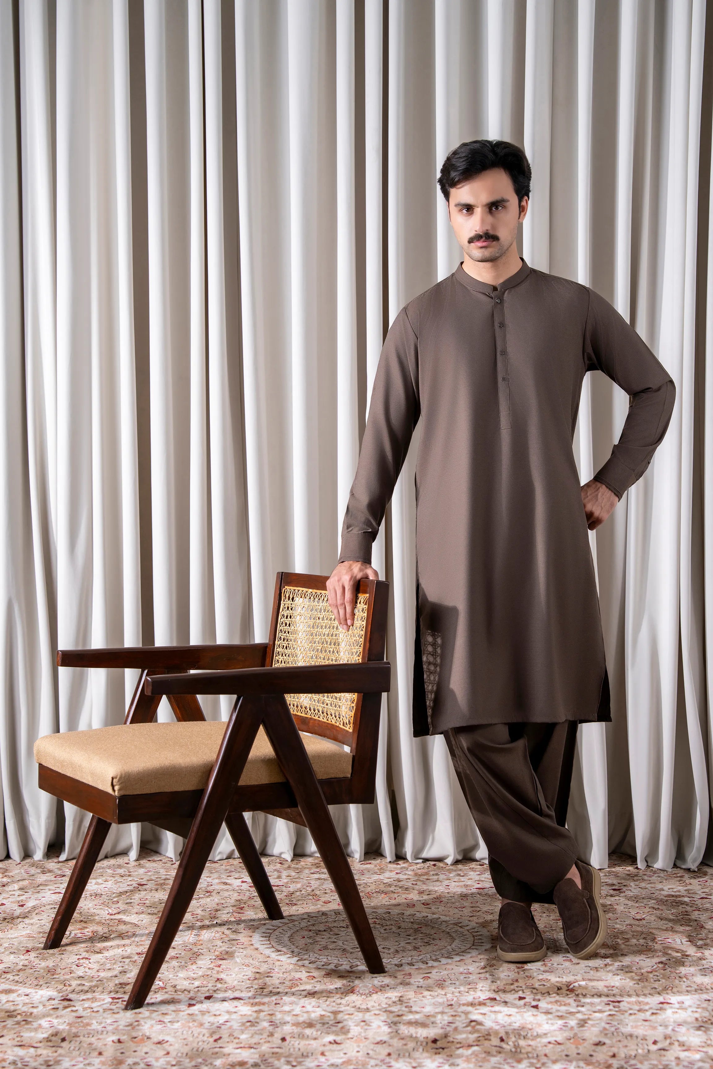 TEXTURED BLENDED KAMEEZ SHALWAR - SIGNATURE COLLECTION DARK BROWN