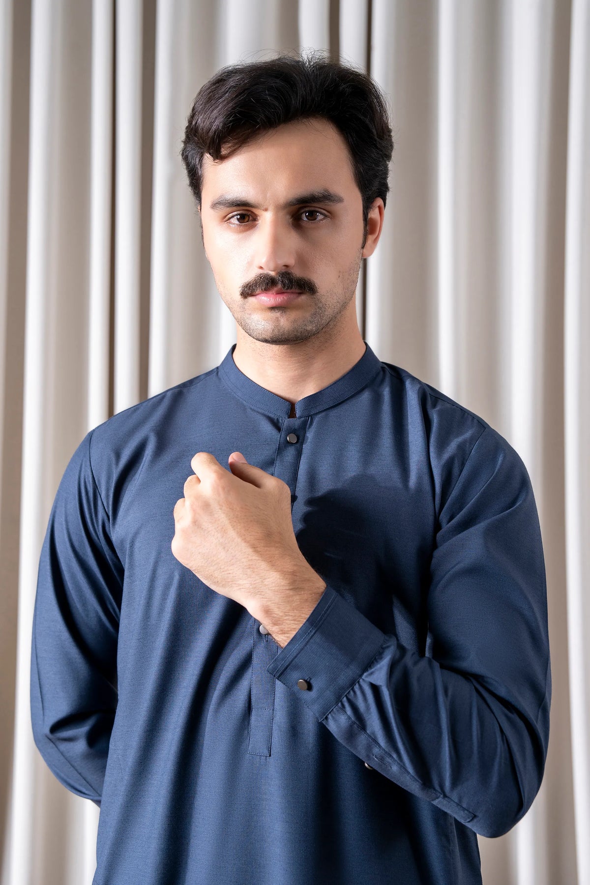 Indigo kameez neckline with small button placket and band collar