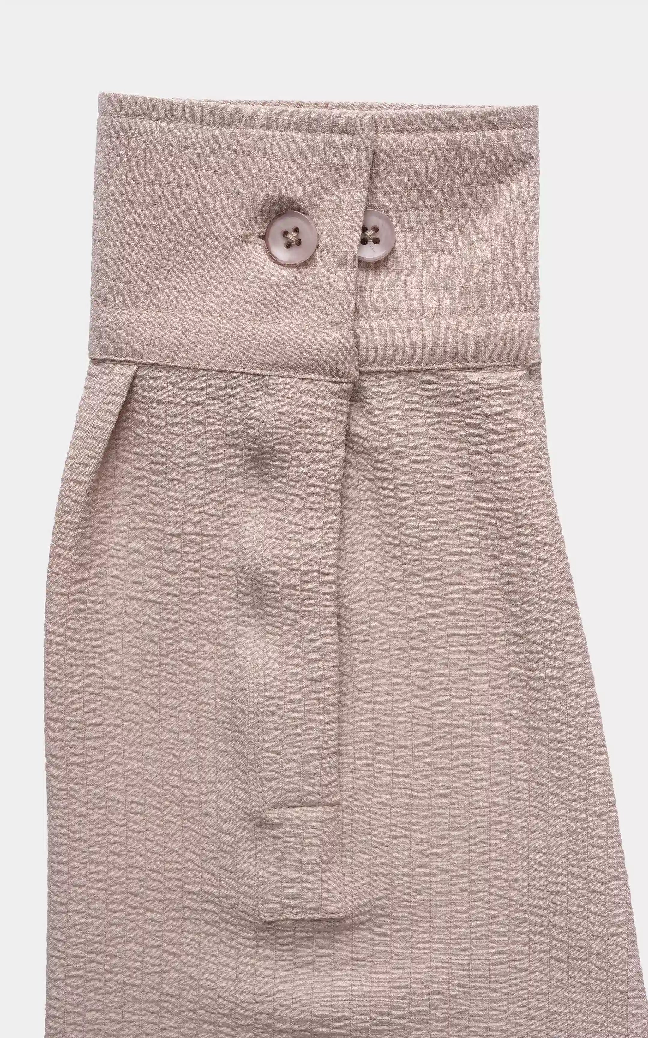 Relaxed-fit khaki shirt front with two-button placket and folded collar