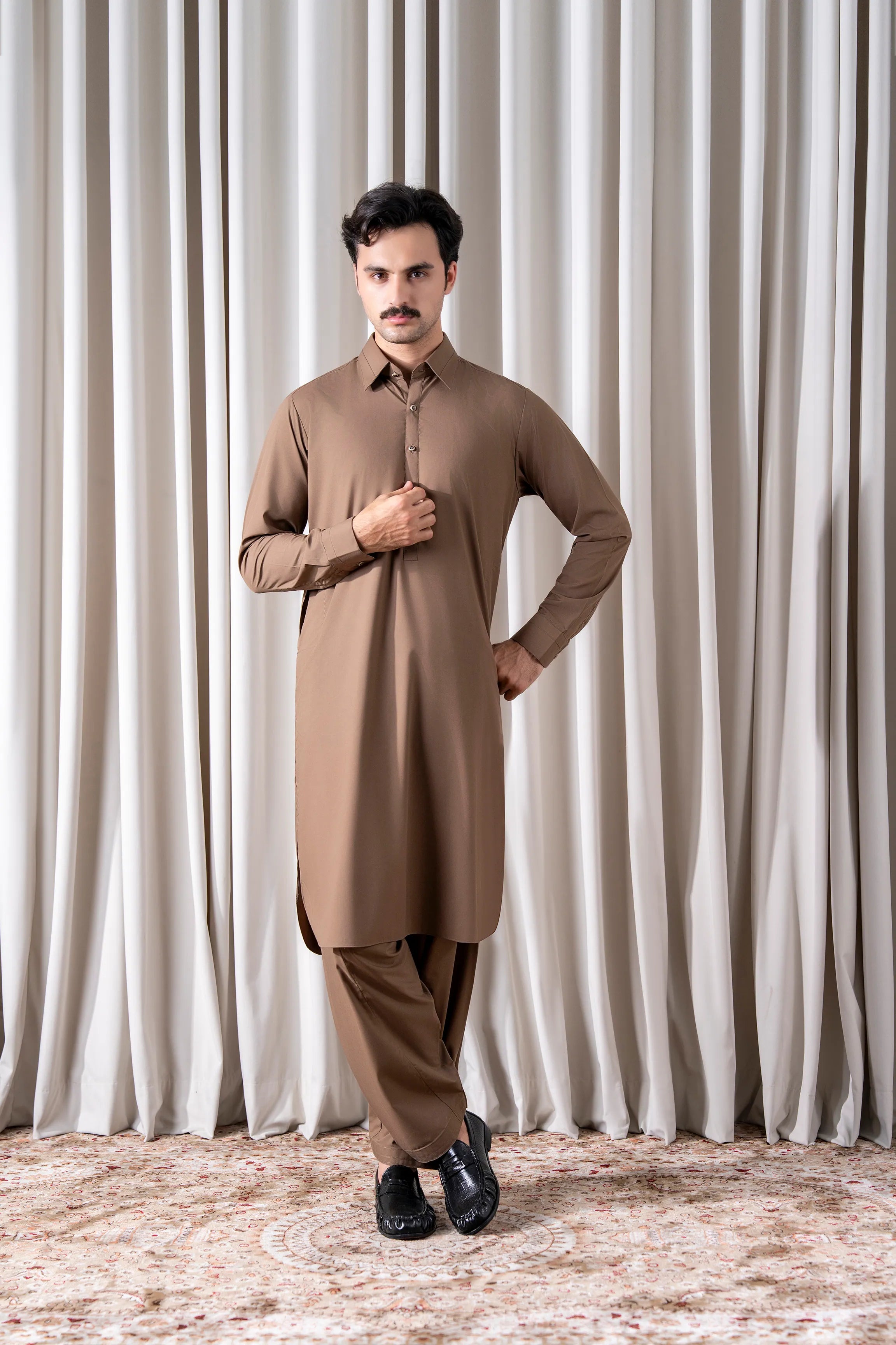 Dark khaki blended kameez shalwar set with mandarin collar and button placket