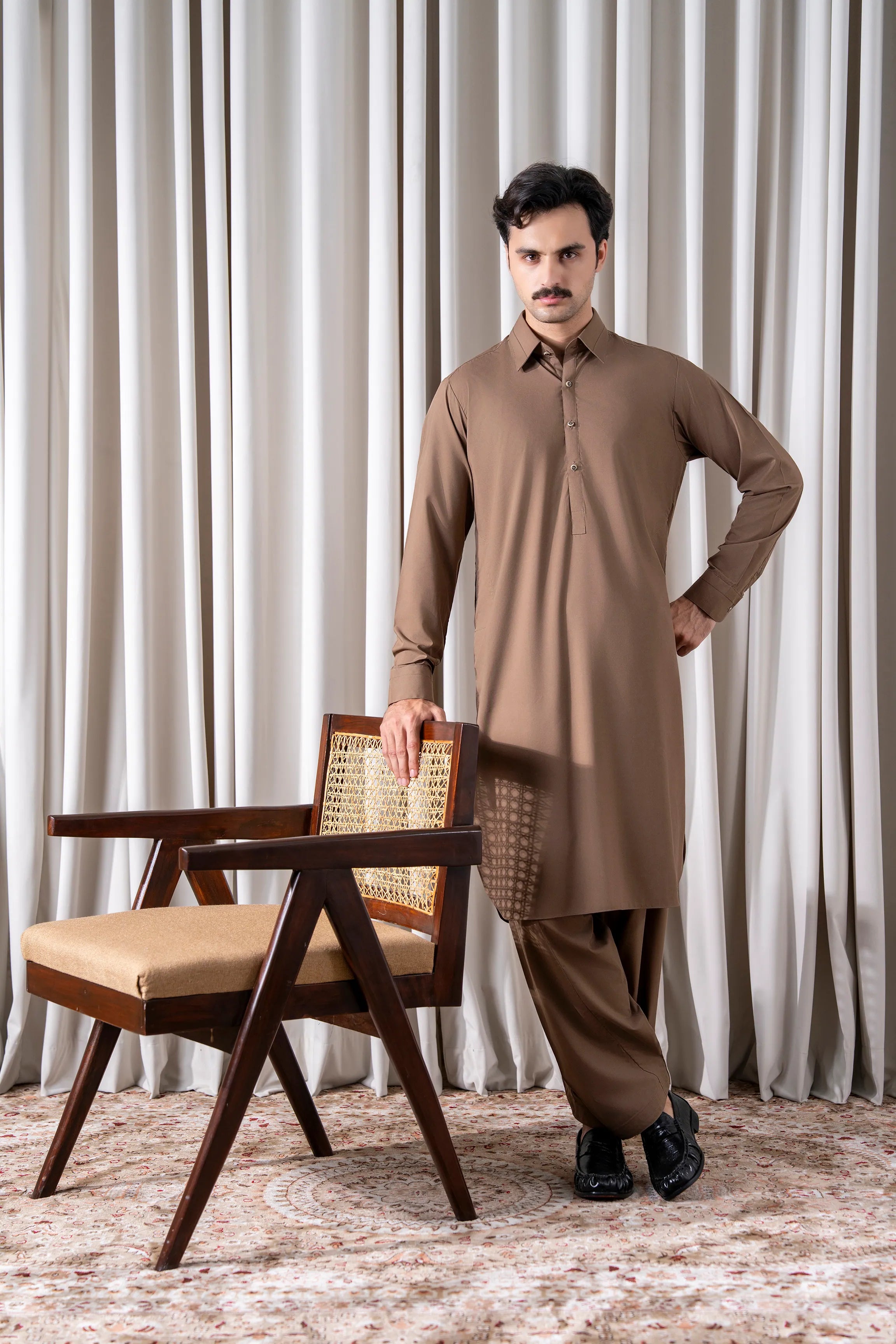 Dark khaki blended kameez shalwar set with long tunic, pocket detailing, and buttons