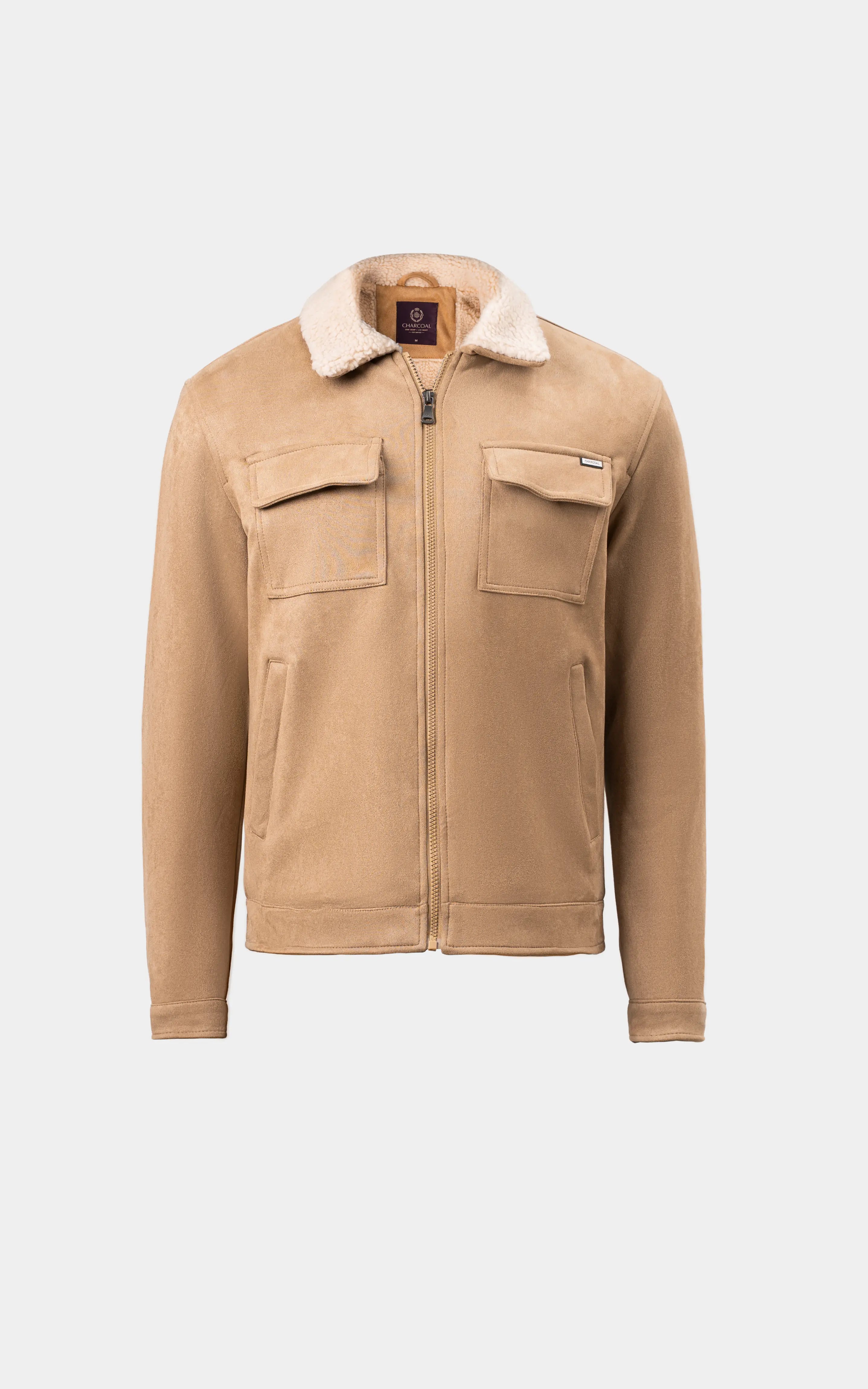 SMART FIT FULLSLEEVE FUR COLLAR SUEDE JACKET KHAKI