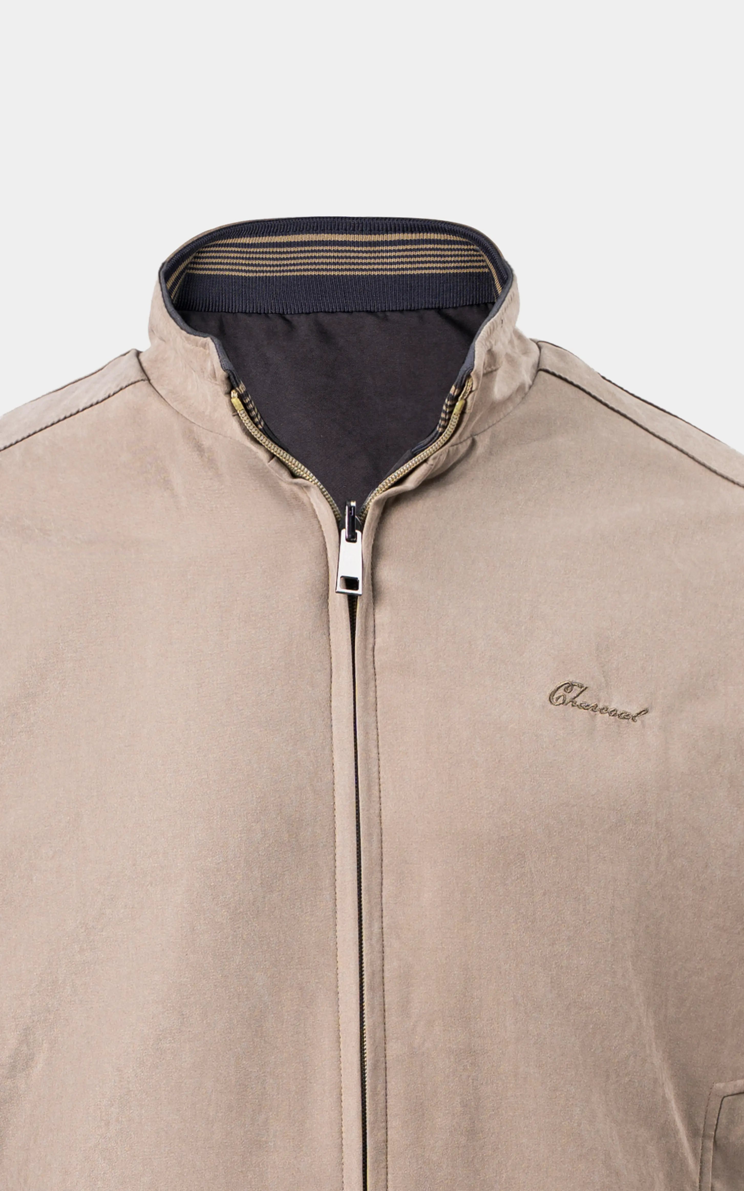 REVERSIBLE BAN COLLAR JACKET LIGHT OLIVE CHARCOAL GREY