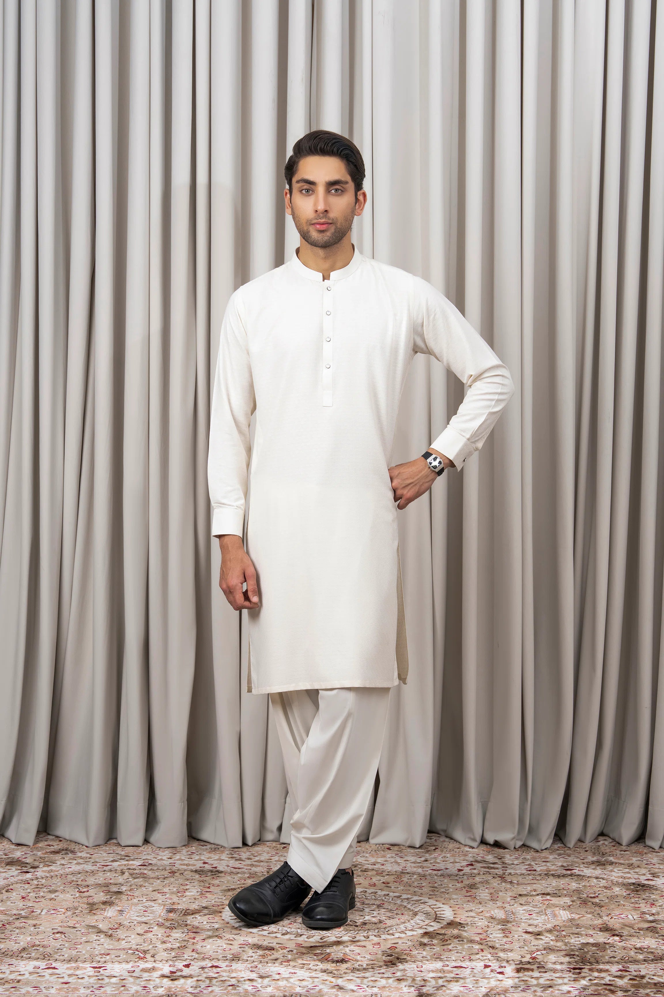 JACQUARD BLENDED KAMEEZ SHALWAR - SIGNATURE COLLECTION OFF WHITE