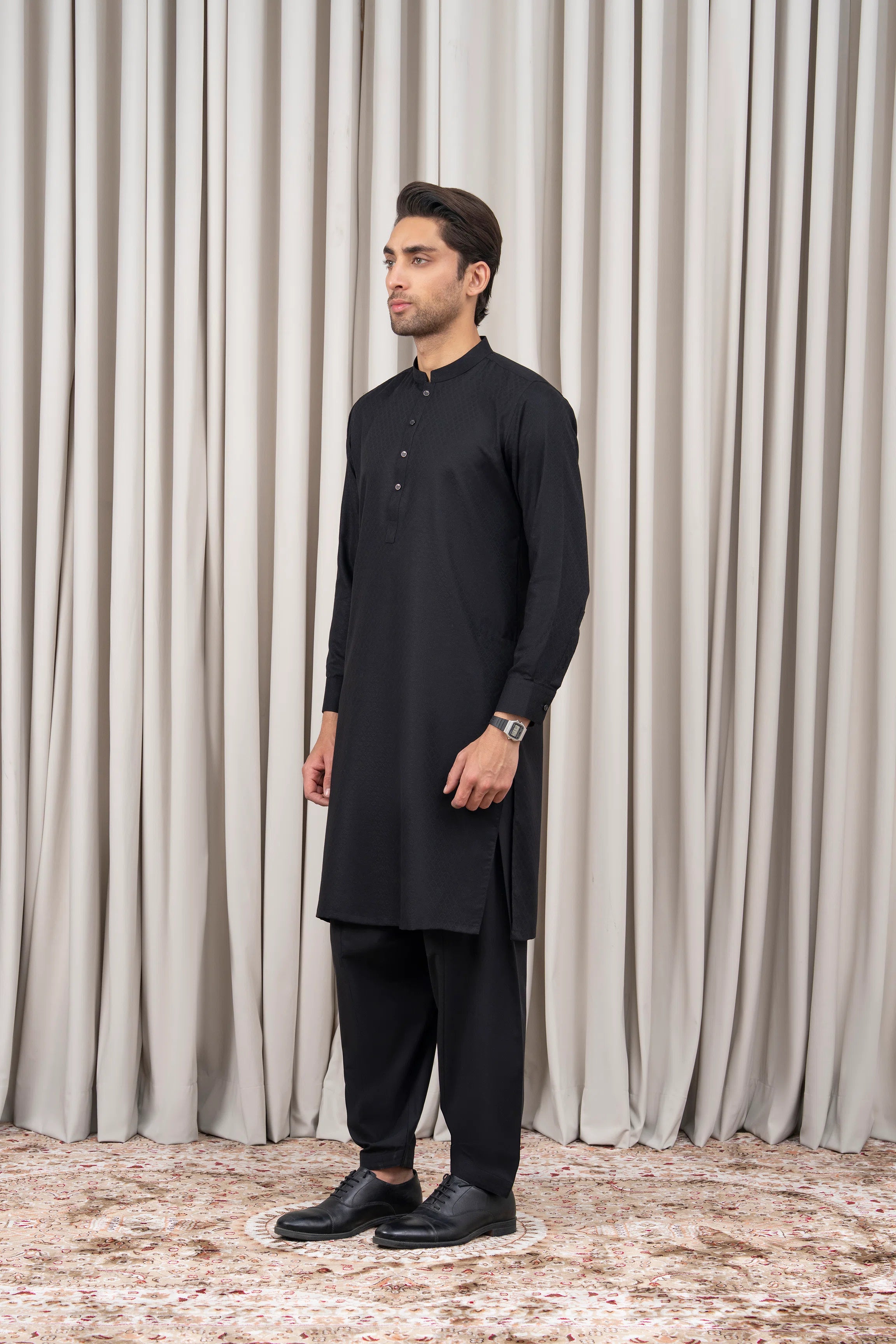 JACQUARD BLENDED KAMEEZ SHALWAR - SIGNATURE COLLECTION BLACK