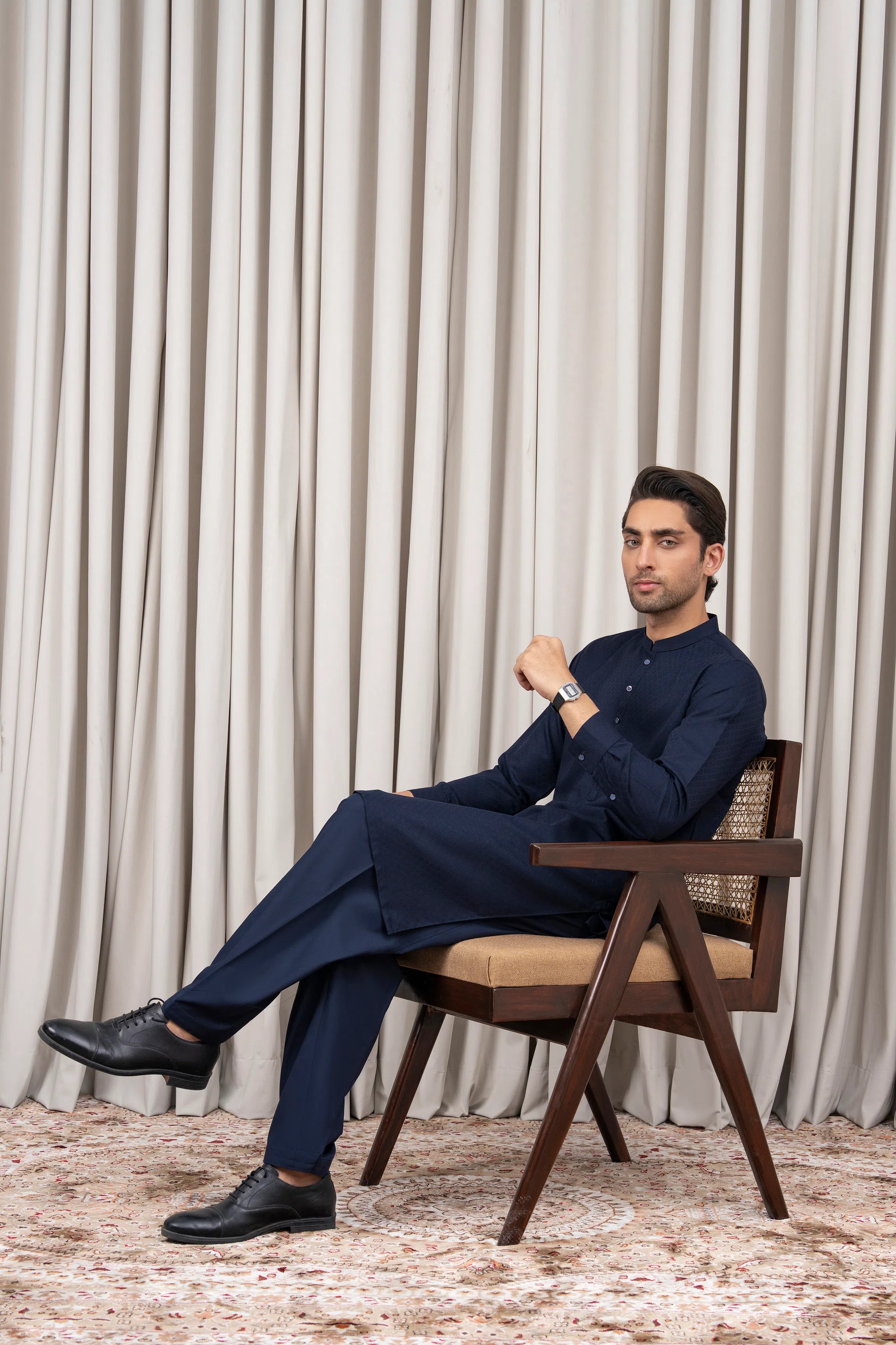 JACQUARD BLENDED KAMEEZ SHALWAR - SIGNATURE COLLECTION NAVY