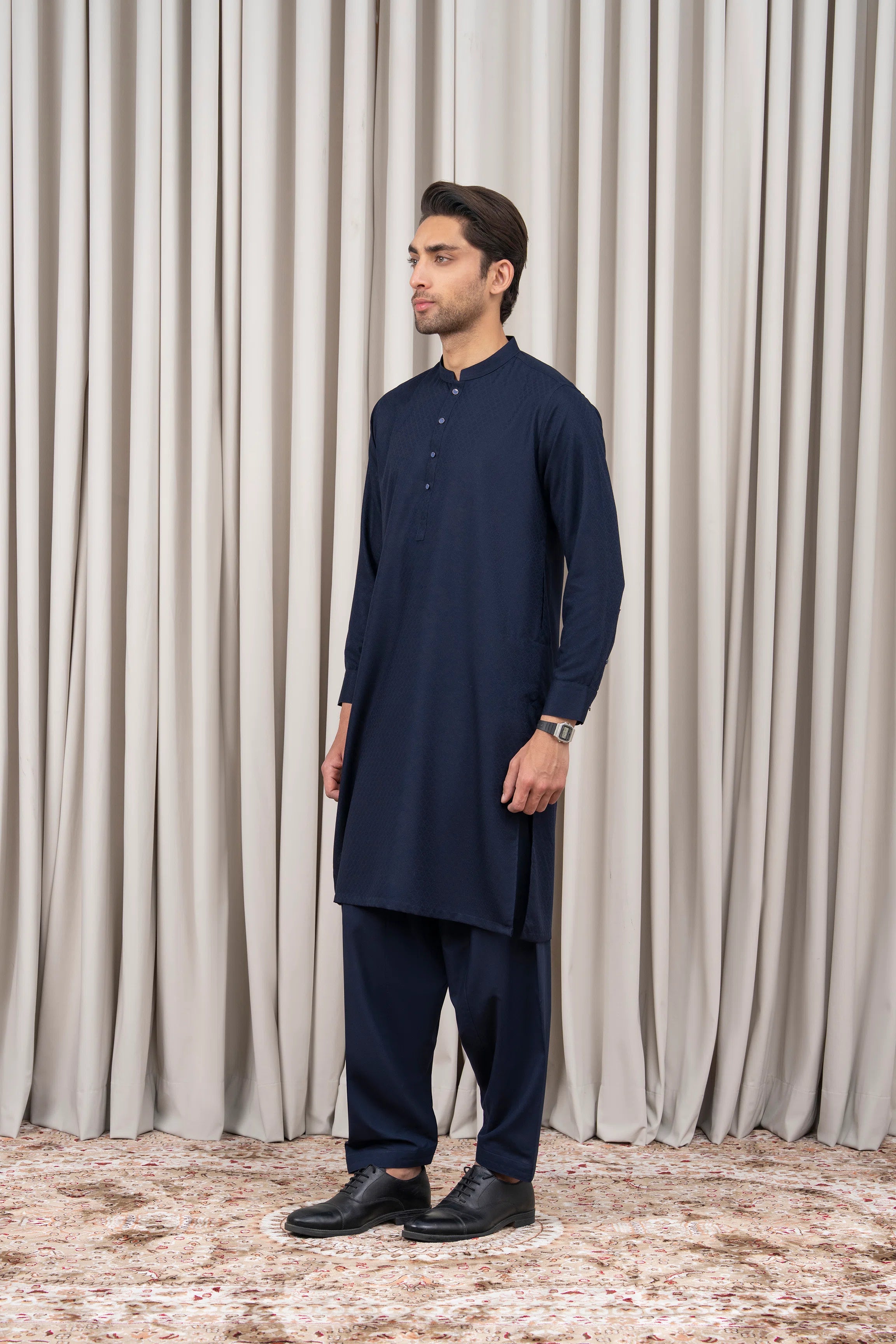 JACQUARD BLENDED KAMEEZ SHALWAR - SIGNATURE COLLECTION NAVY