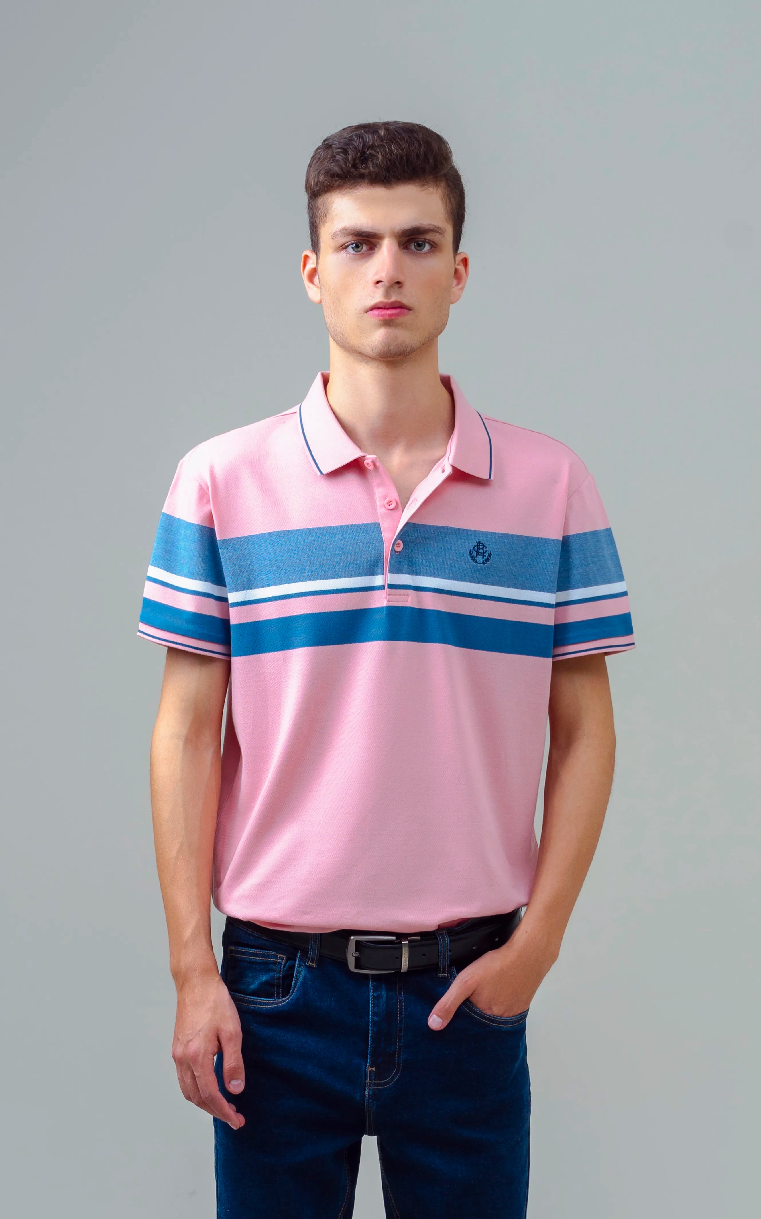 EXECUTIVE ENGINEERED STRIPE POLO TEA PINK
