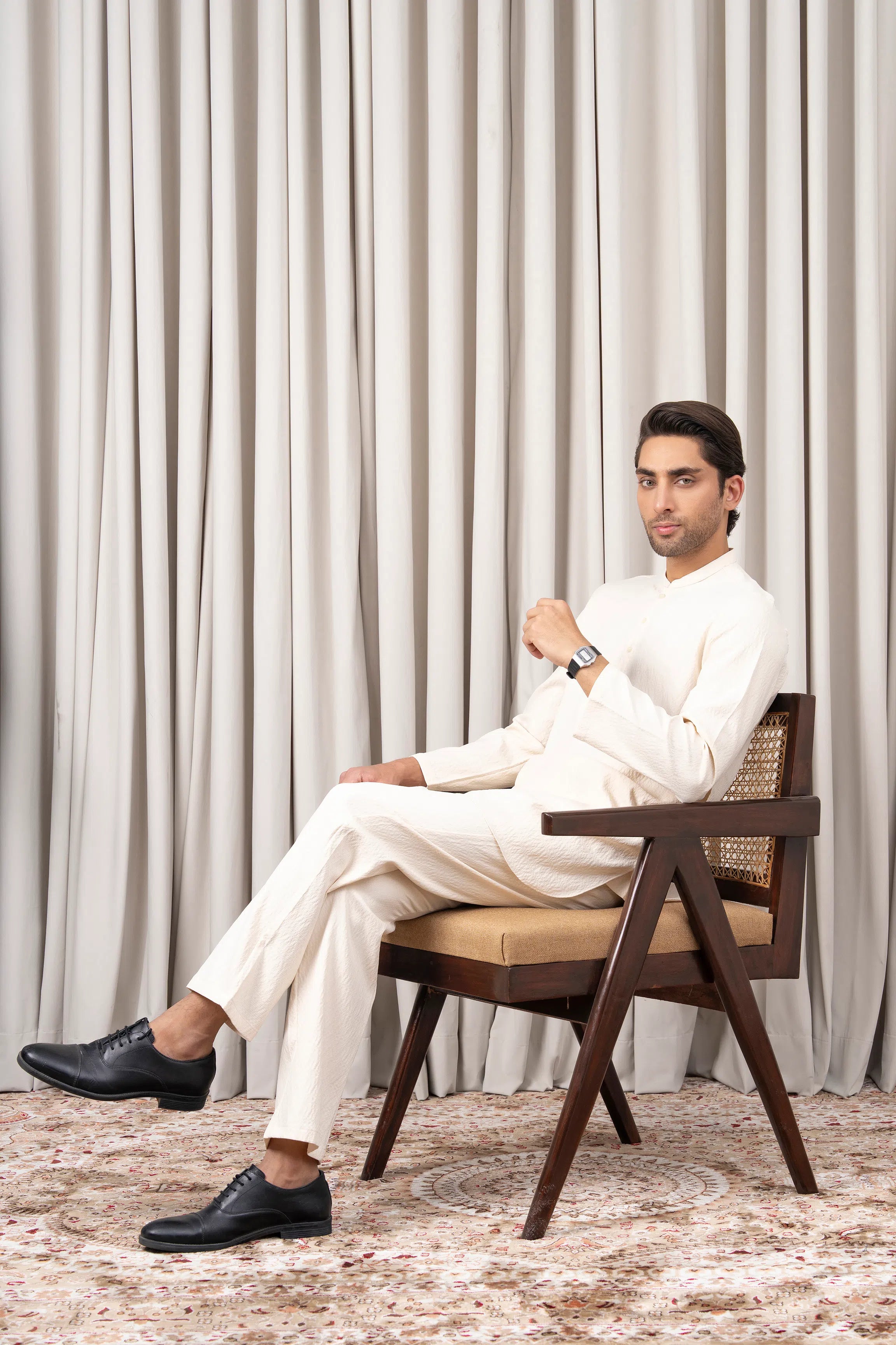 DOBBY TEXTURED KURTA PAJAMA - SIGNATURE COLLECTION CREAM