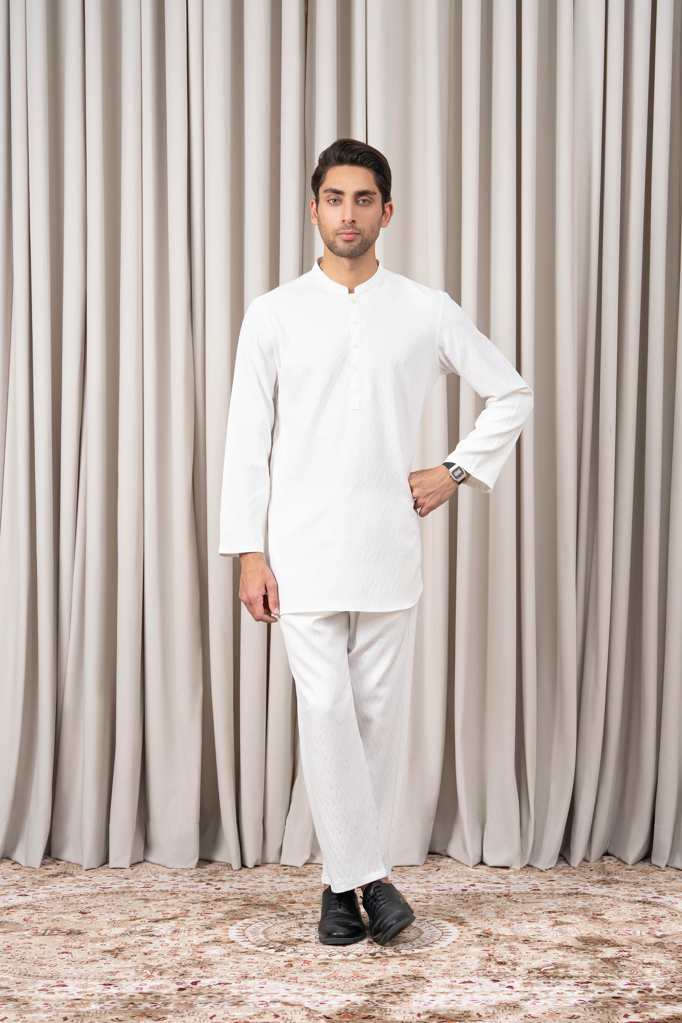 DOBBY TEXTURED KURTA PAJAMA - SIGNATURE COLLECTION WHITE