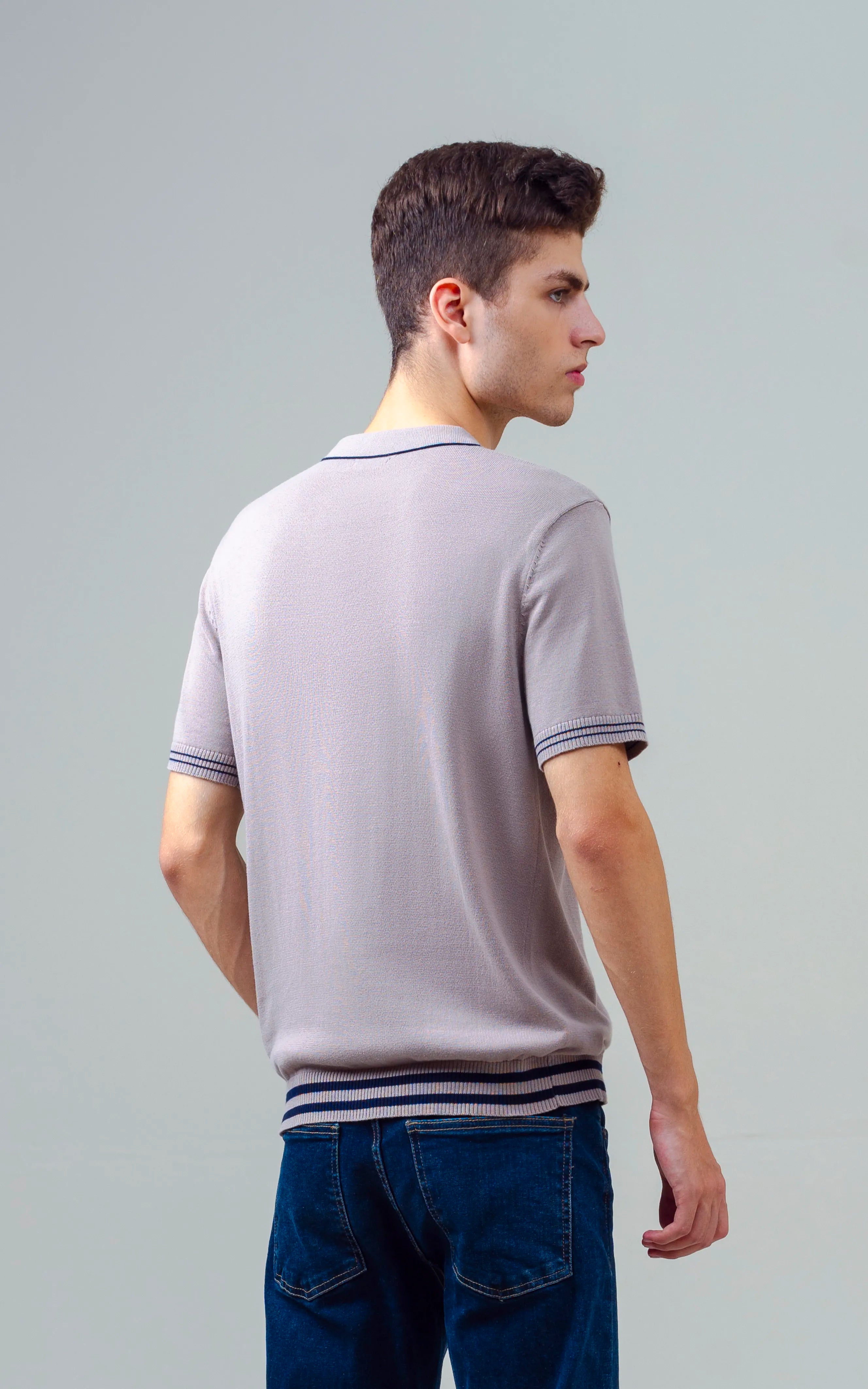 KNITTED TIPPING COLLAR ZIP POLO SHIRT ALMOND