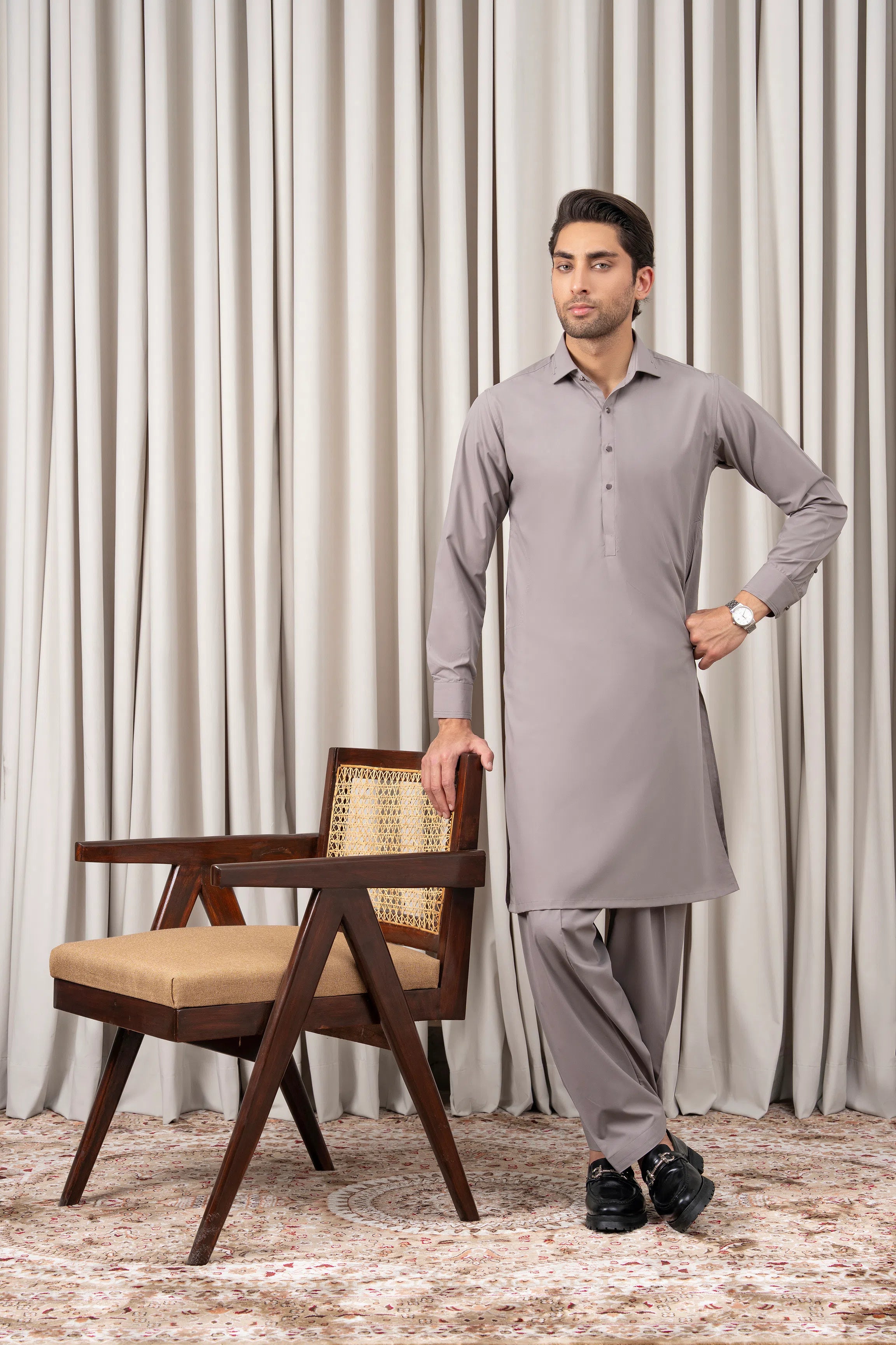 Light grey kameez and shalwar set with button placket, long sleeves, full front view