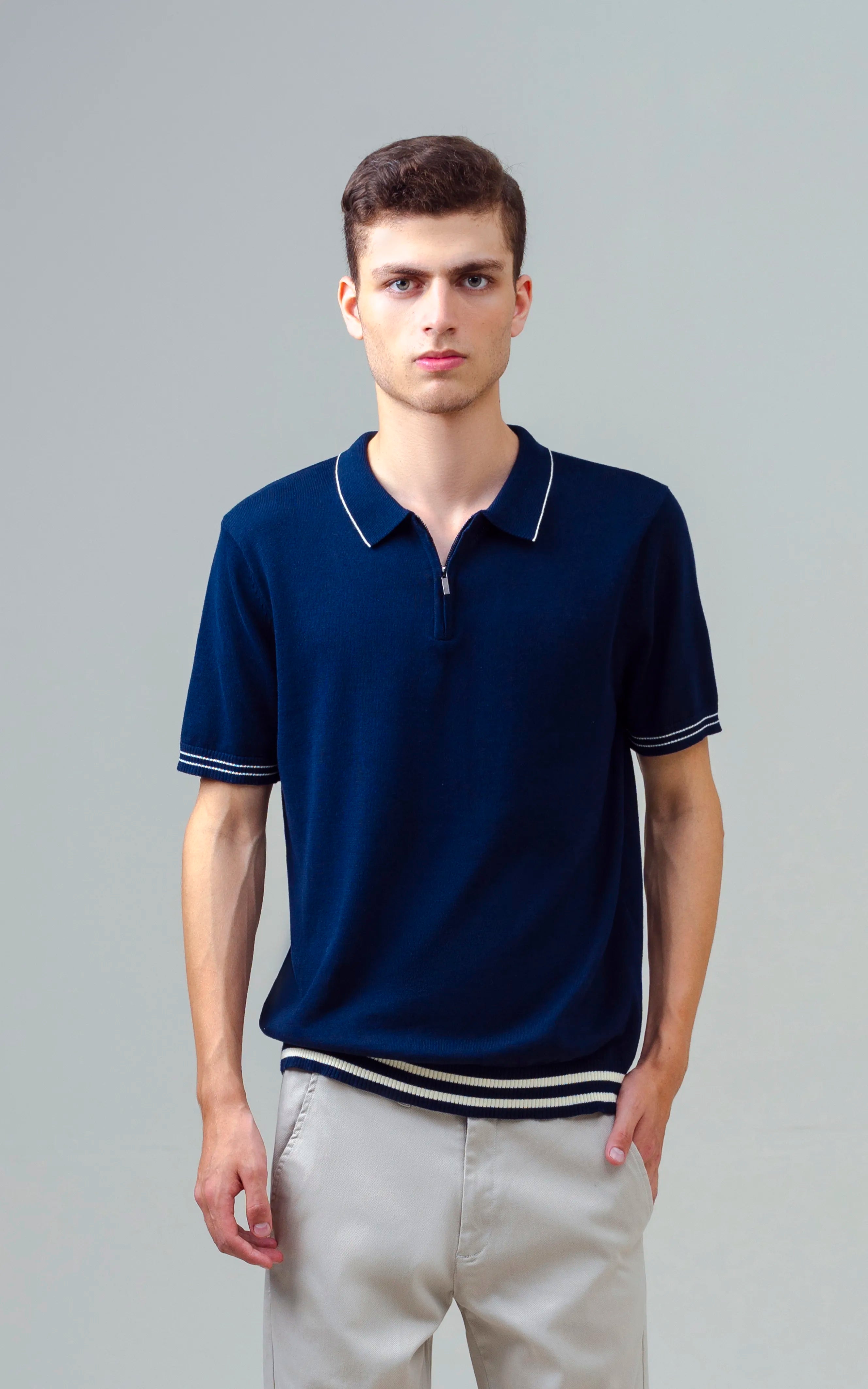 KNITTED TIPPING COLLAR ZIP POLO SHIRT NAVY