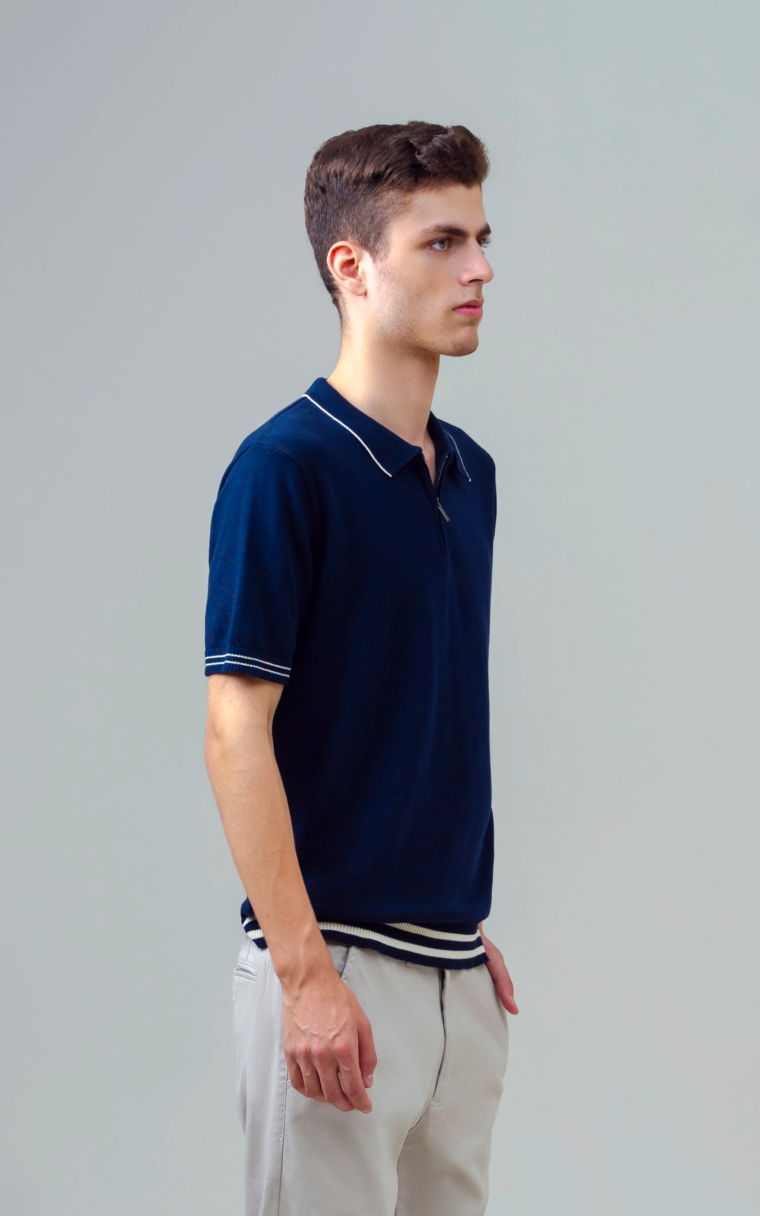 KNITTED TIPPING COLLAR ZIP POLO SHIRT NAVY