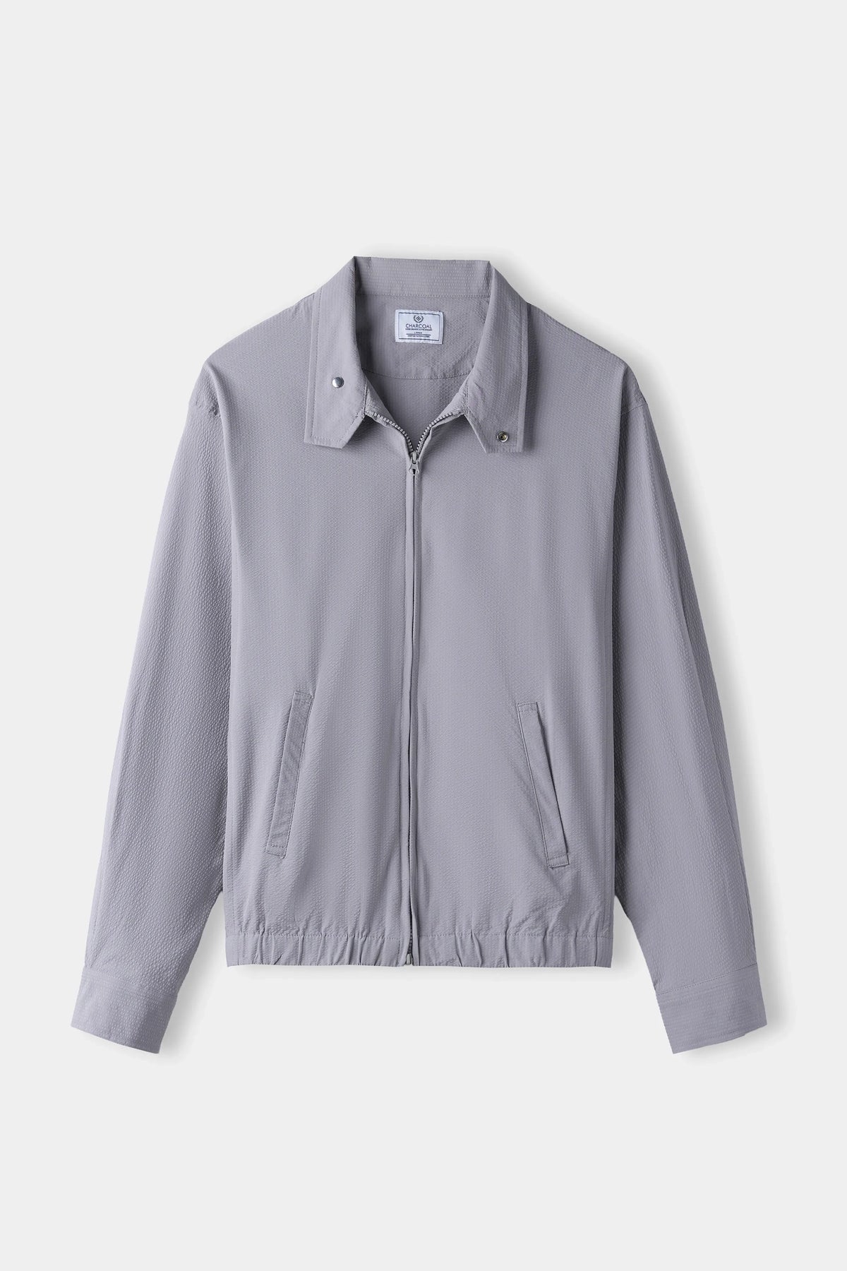 Light grey seersucker raglan full-sleeve jacket with zip front and stand collar