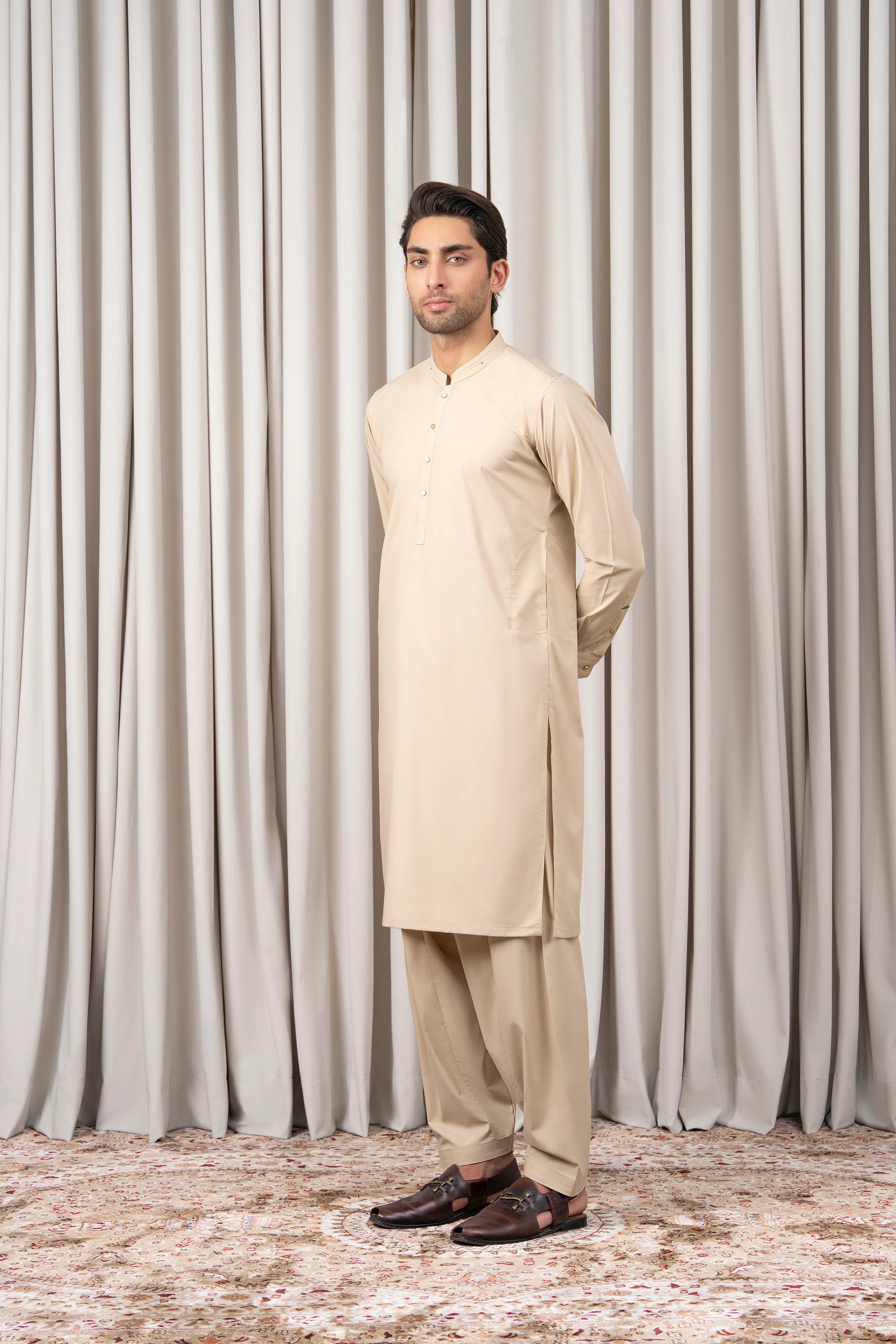 Beige kurta kameez and shalwar set, full front view with button placket