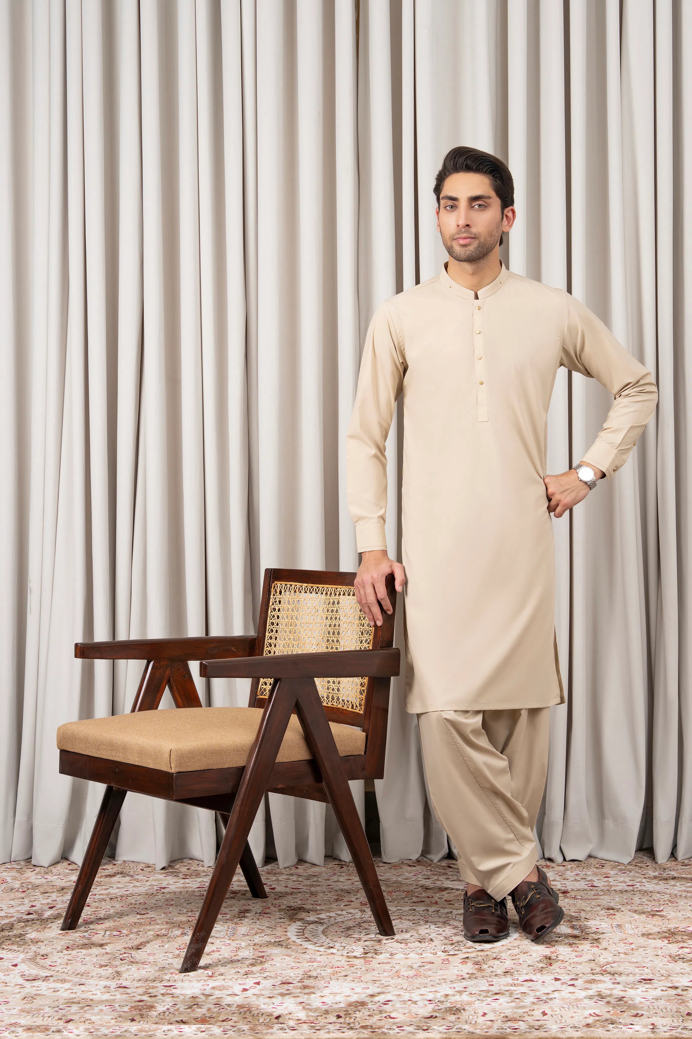 Beige kurta kameez and shalwar set with gold button placket, long sleeves