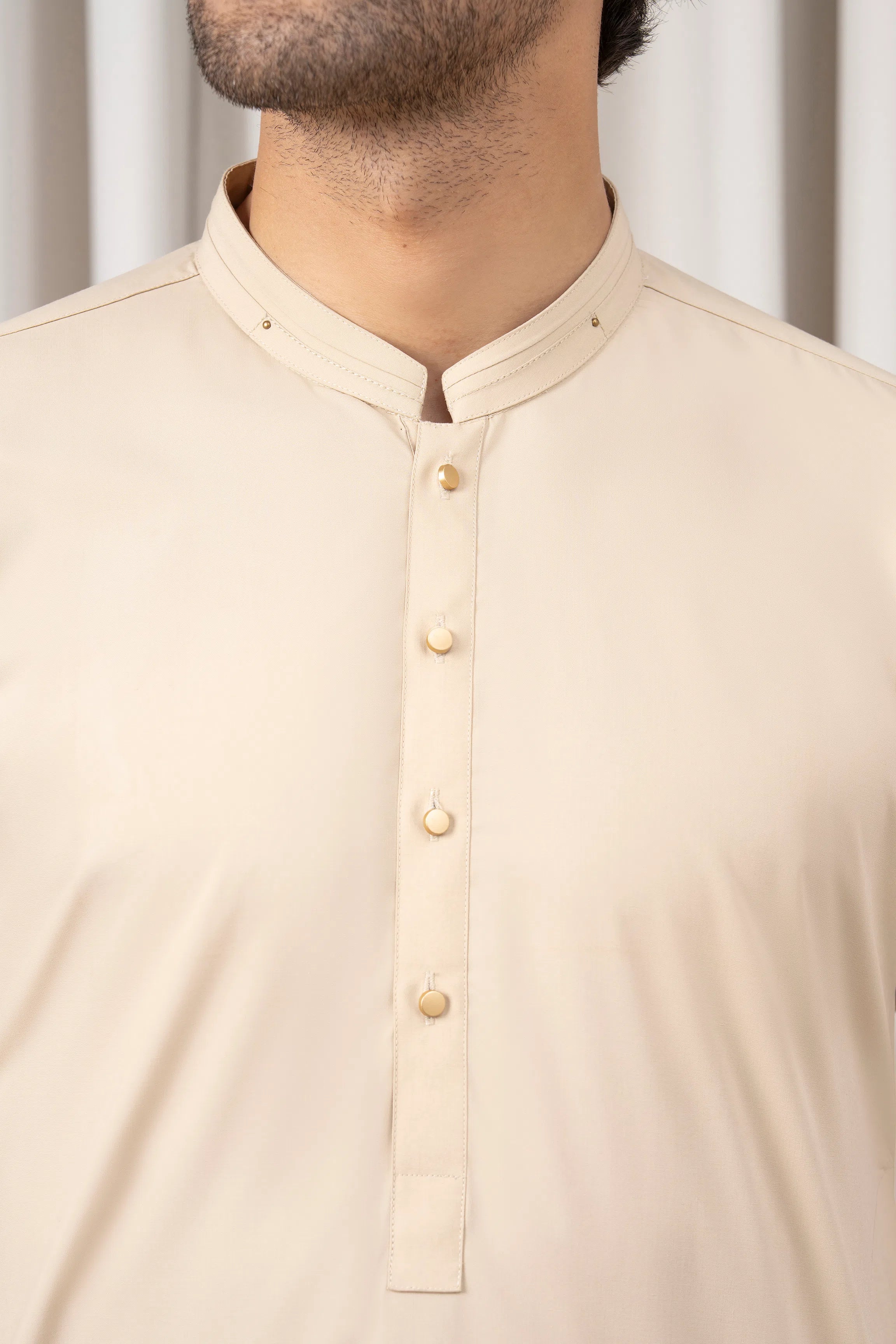 Beige kameez collar with stand neckline and gold button placket