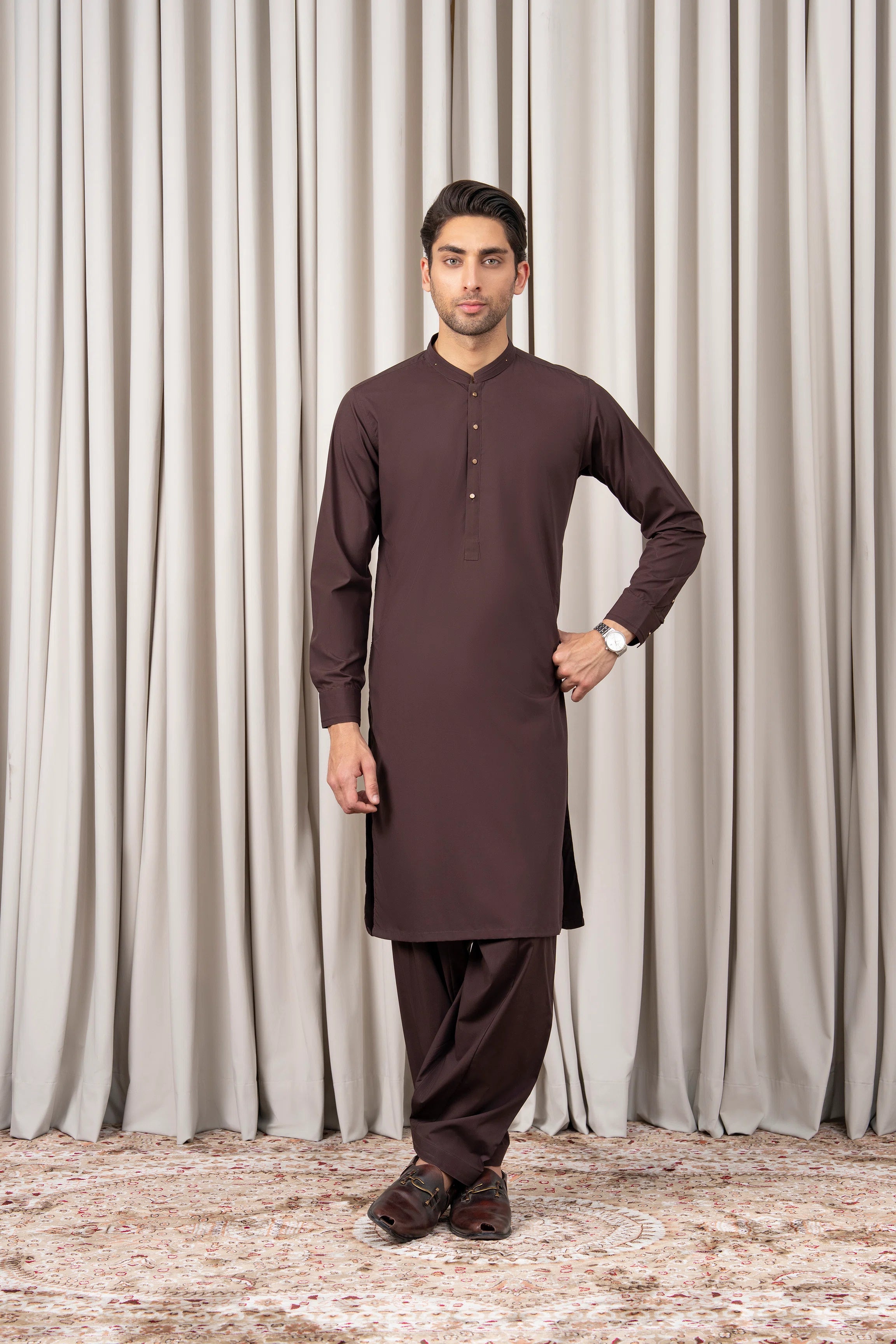 Men's dark brown kameez shalwar set with button-front kurta and matching trousers