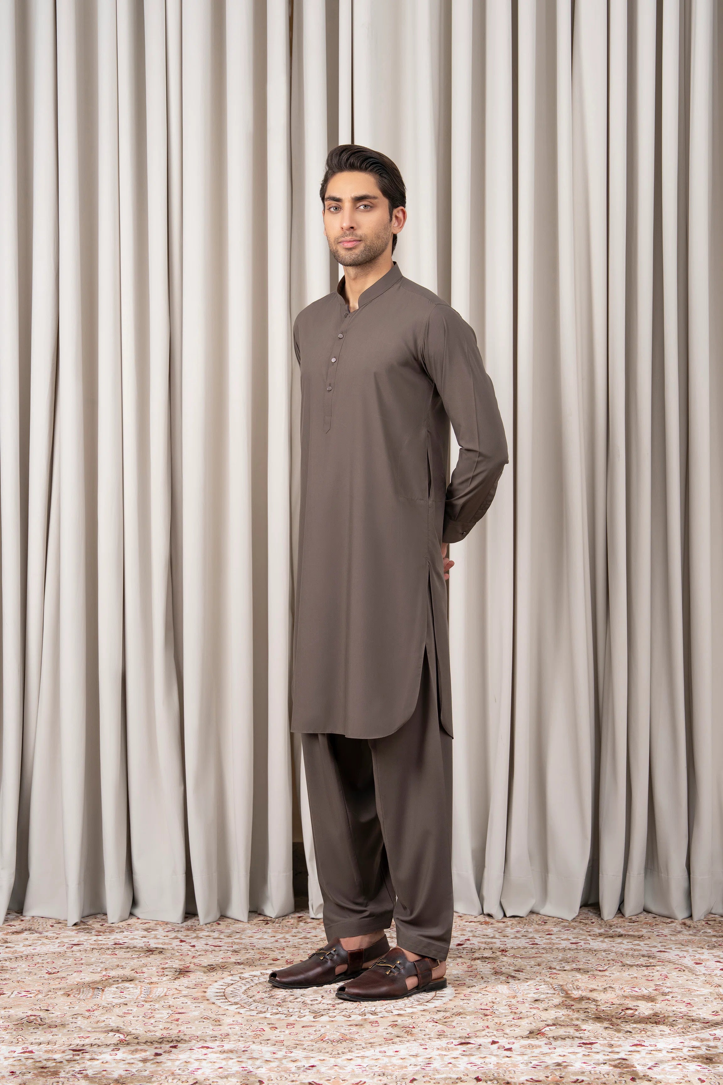 Mid-brown kameez shalwar set, full-length tunic with stand collar and matching trousers