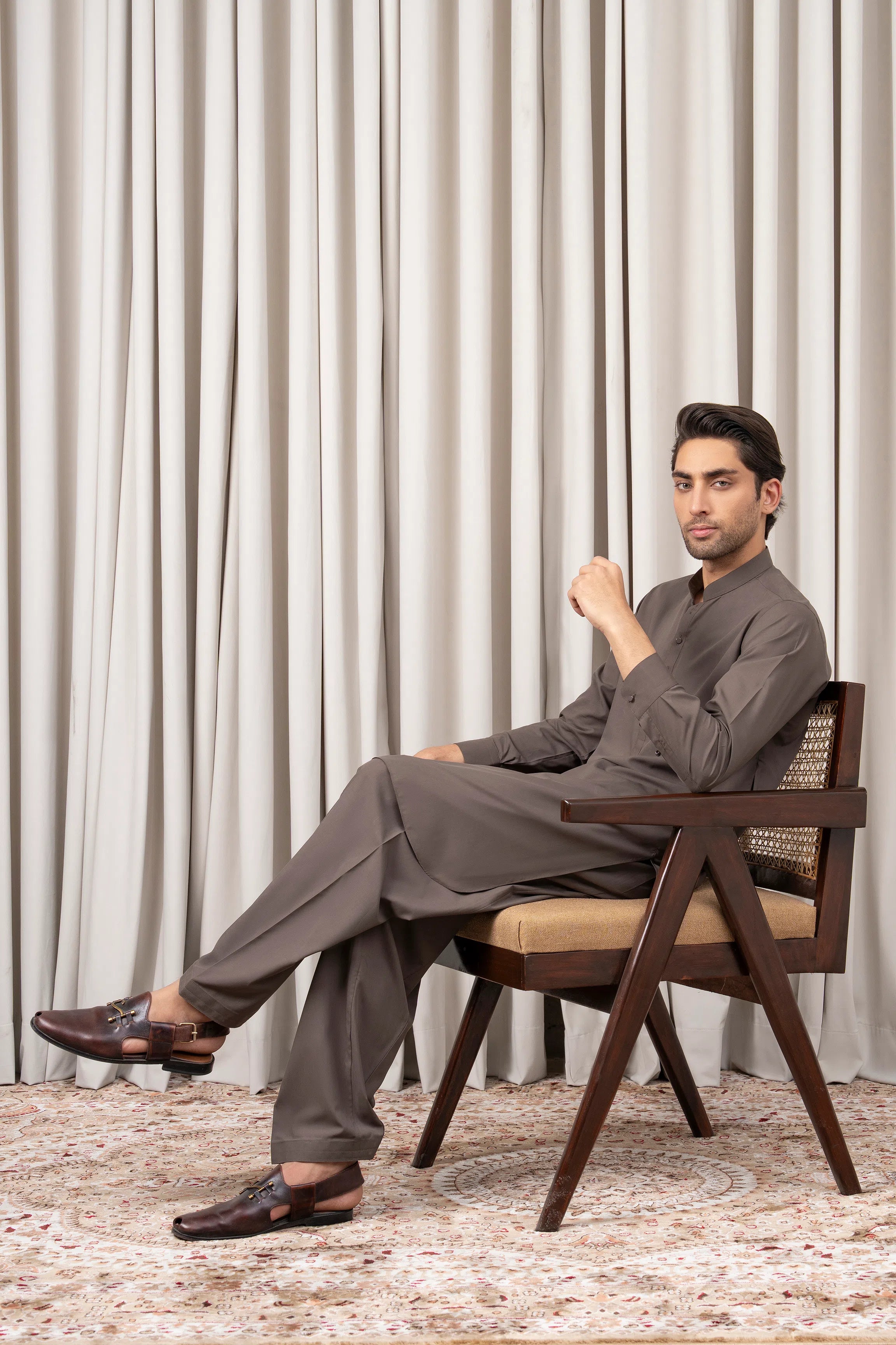 Mid-brown kameez shalwar set, long button-front tunic and relaxed draped pants