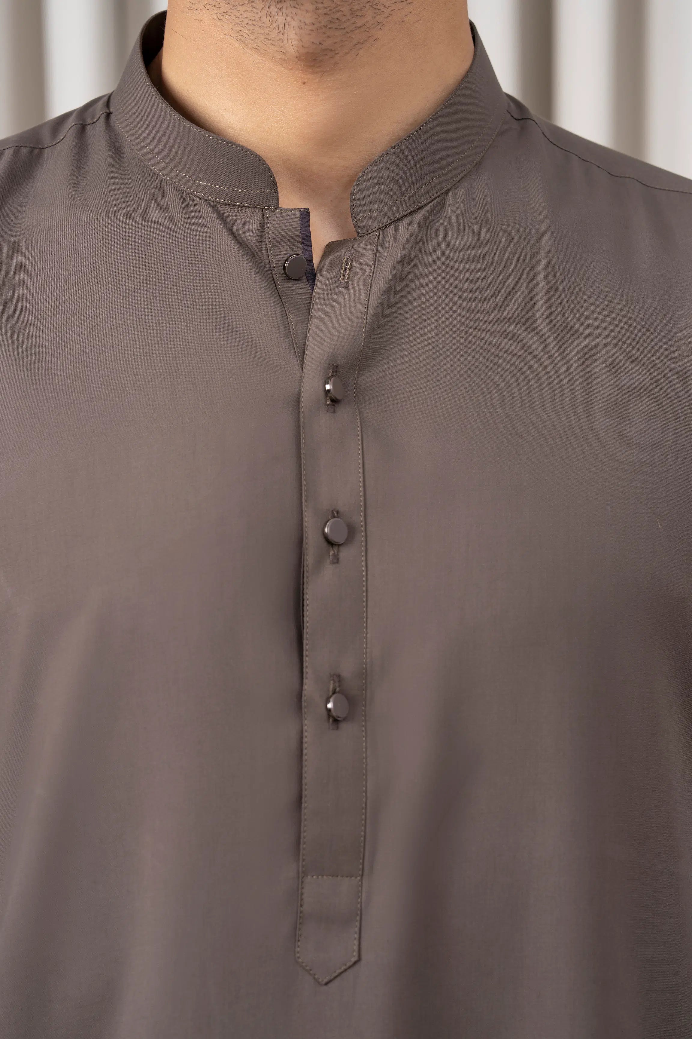 Mid-brown kameez collar with short button placket and stand-up neckline