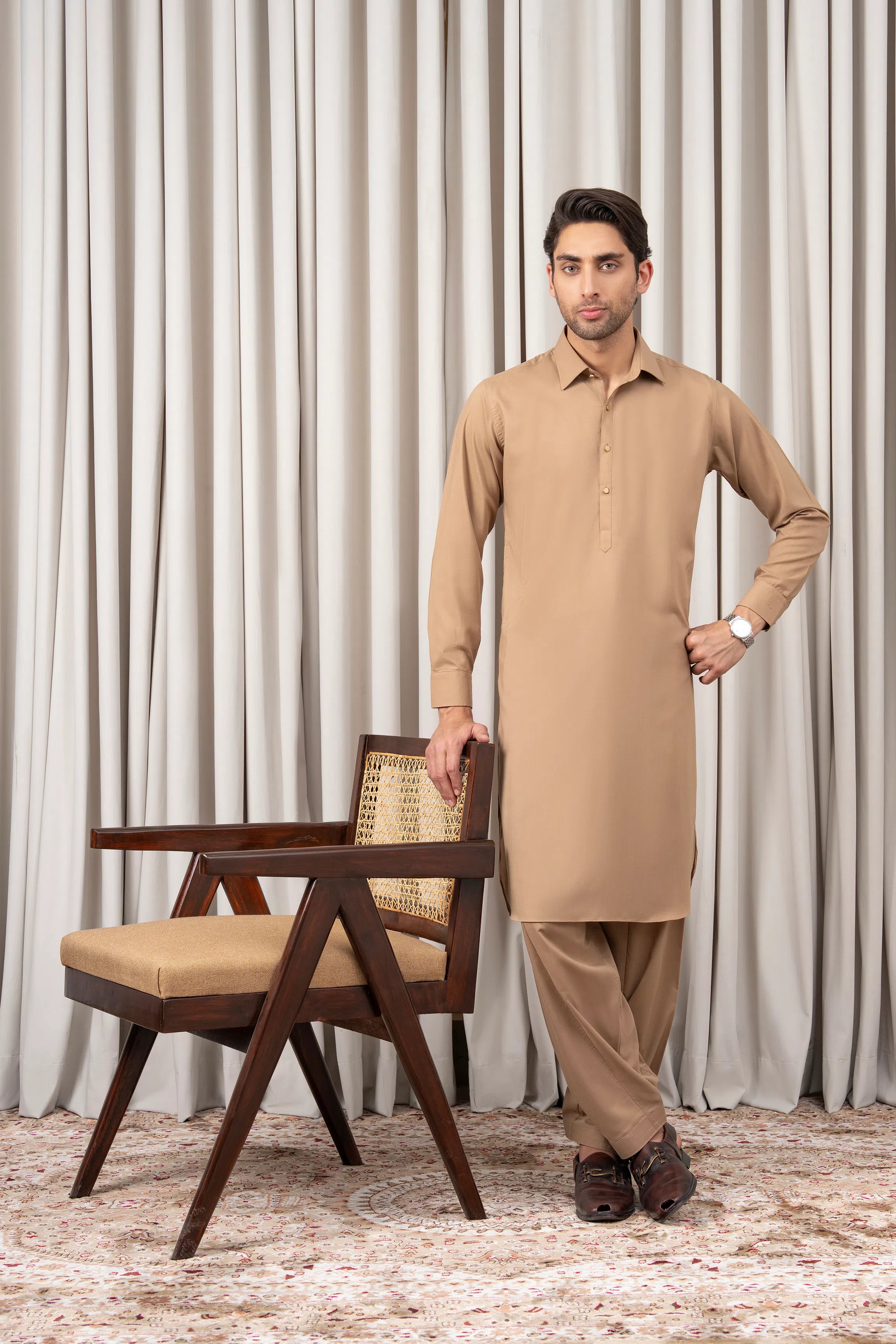 Khaki kameez shalwar set with long tunic, button placket, and matching shalwar pants