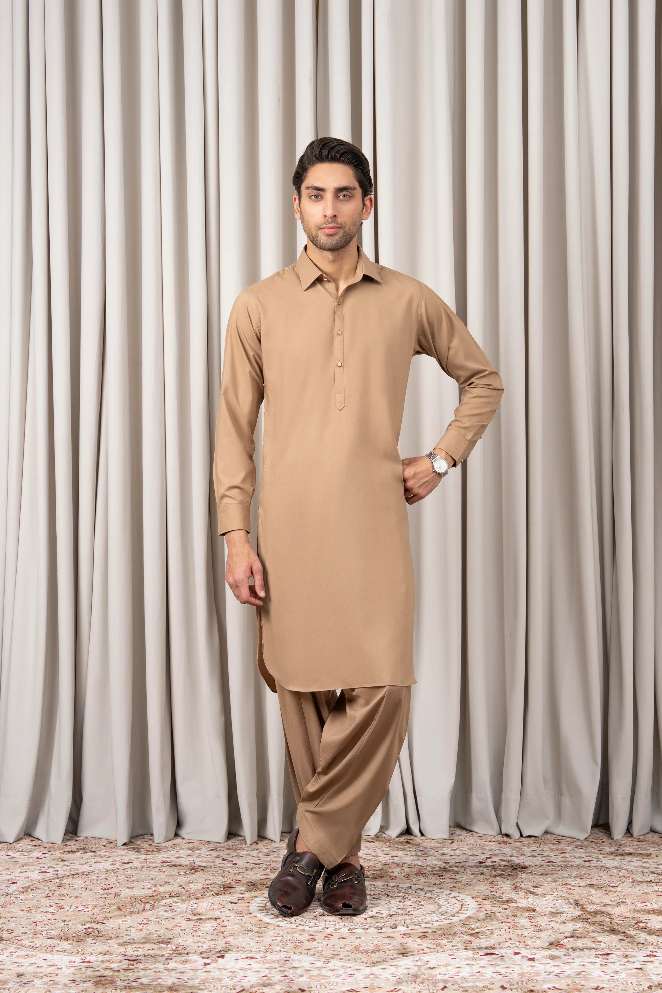 Khaki kameez shalwar set on model, long tunic with collar and matching shalwar