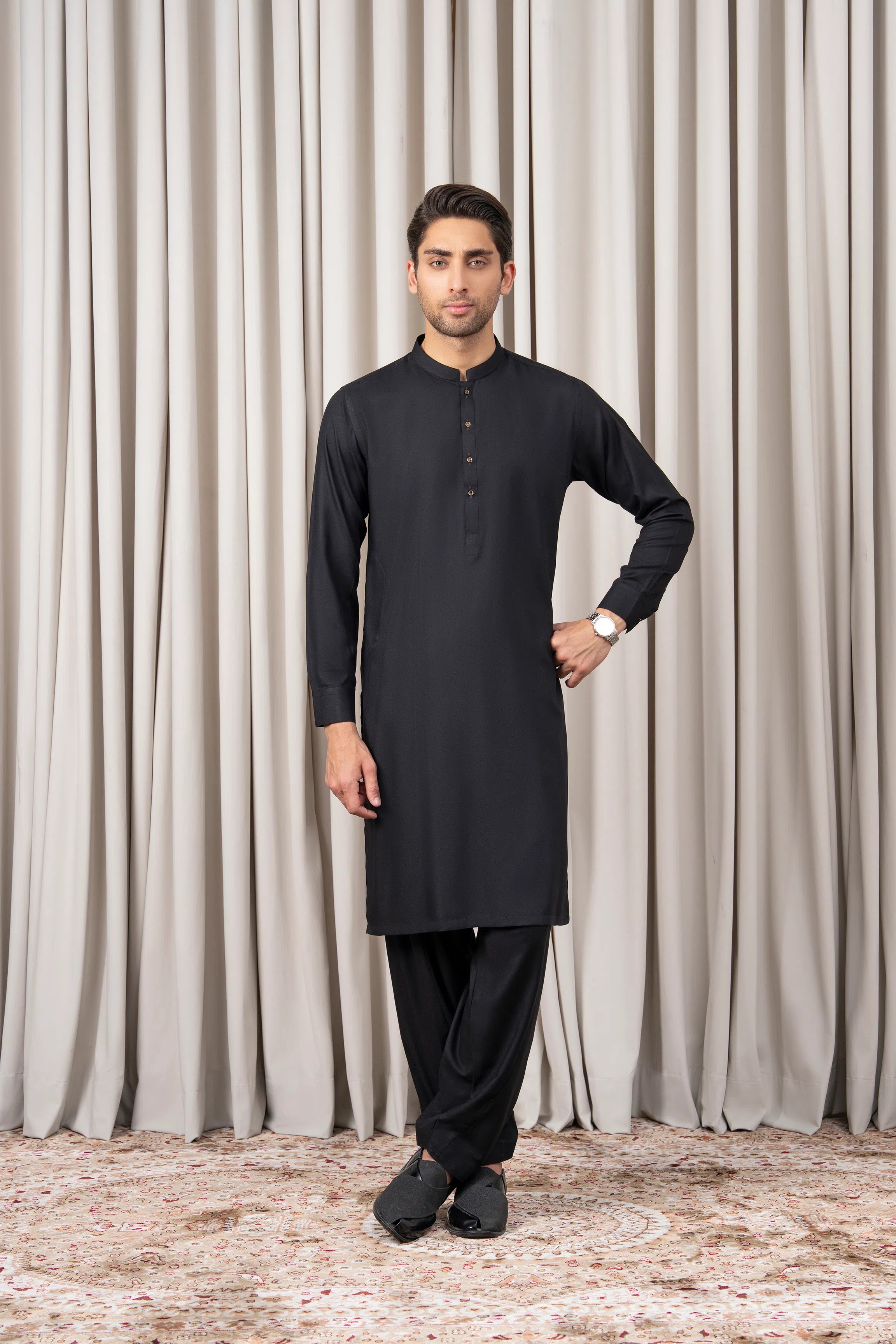 TEXTURED BLENDED KAMEEZ SHALWAR - SIGNATURE COLLECTION BLACK
