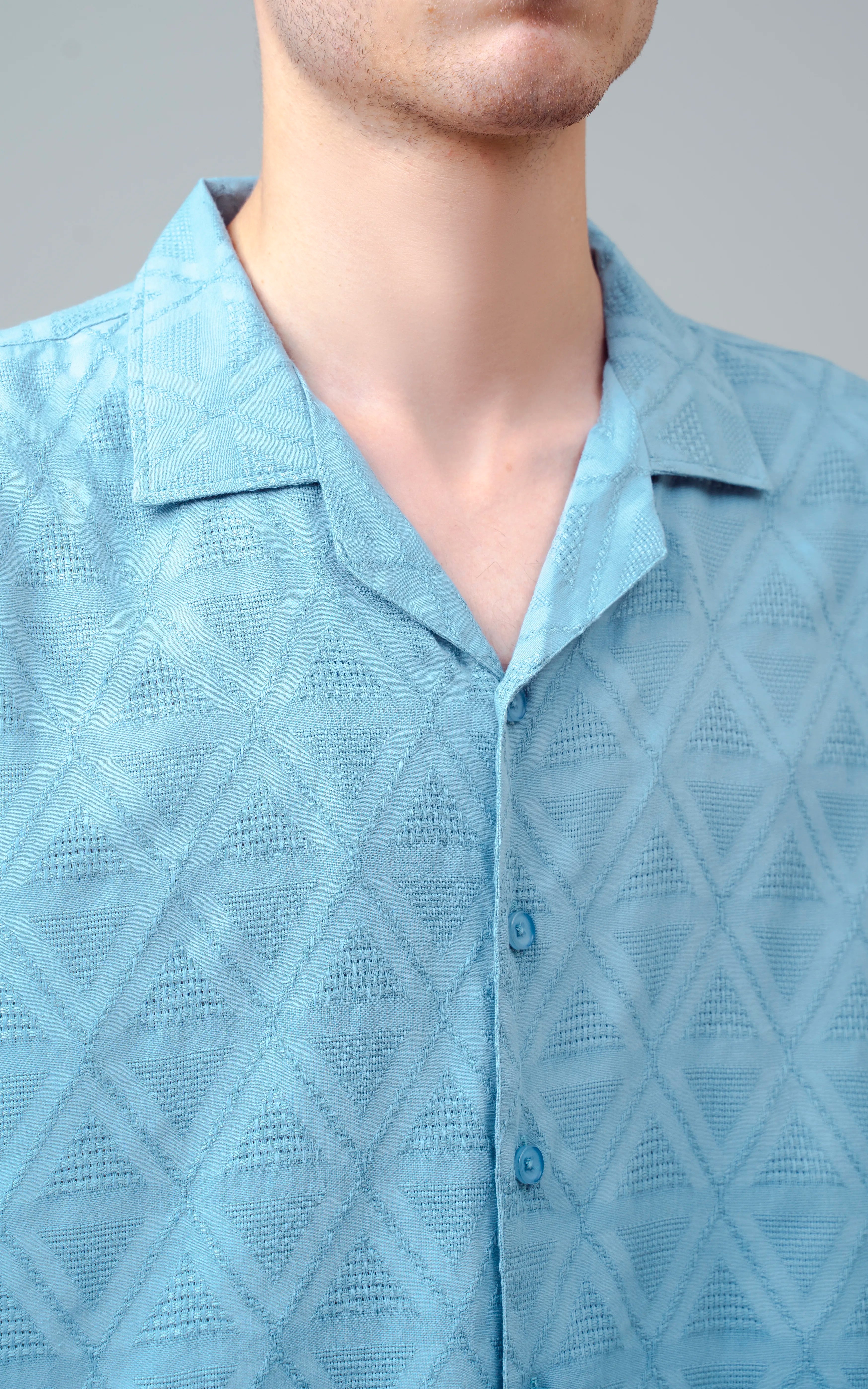 CUBAN COLLAR SHORT SLEEVES SHIRT AQUA BLUE