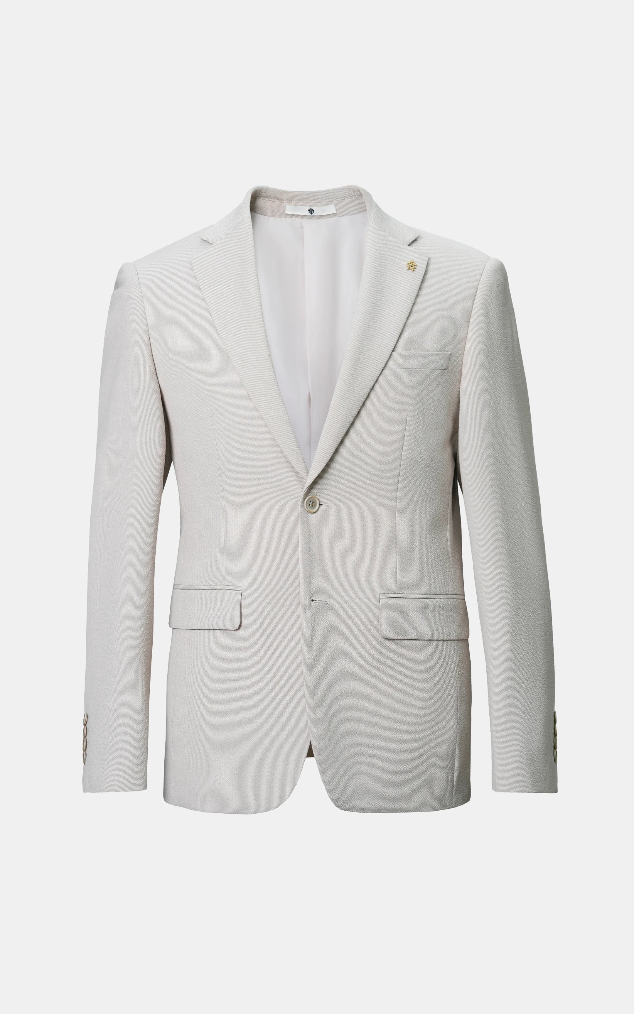 Beige casual coat with notched lapels, two-button front, chest and flap pockets