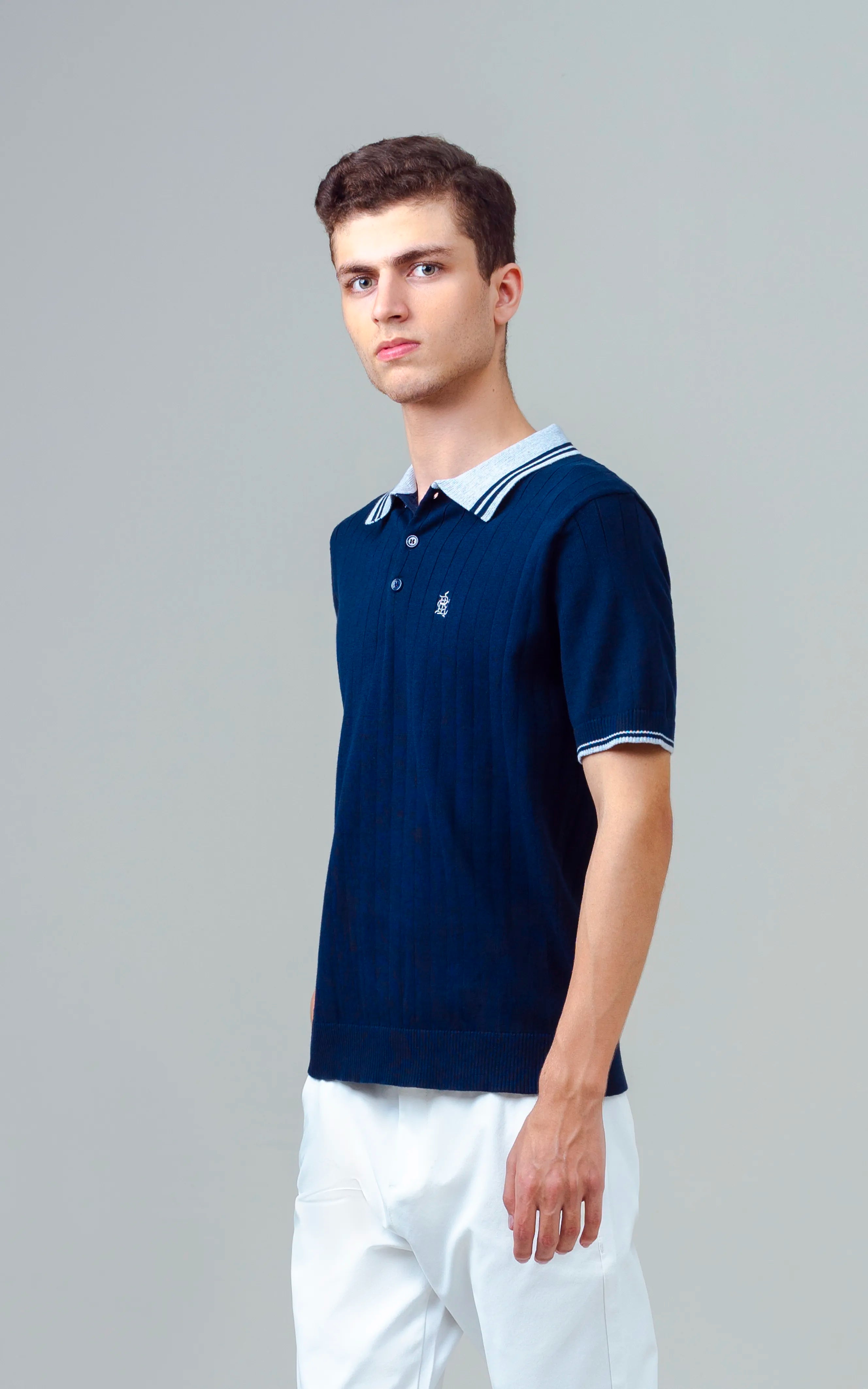 KNITTED TIPPING COLLAR POLO NAVY